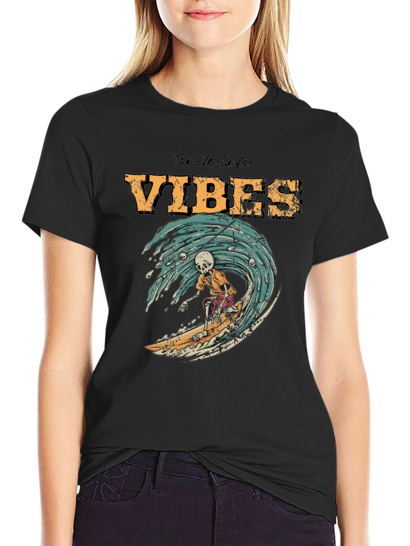 Tow-In Surfer Vibes Graphic Tee - Skeleton Surfing Wave