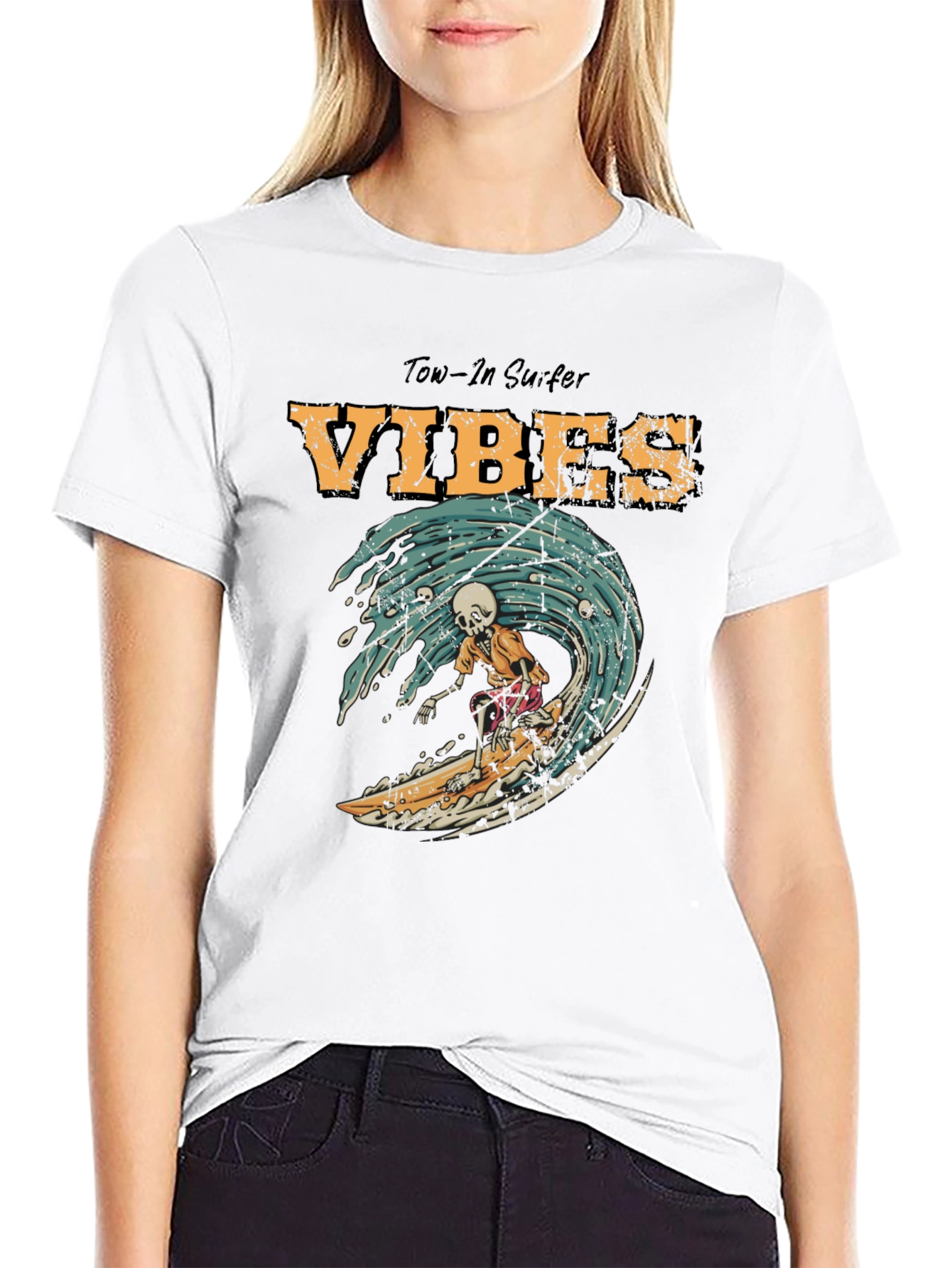 Tow-In Surfer Vibes Graphic Tee - Skeleton Surfing Wave