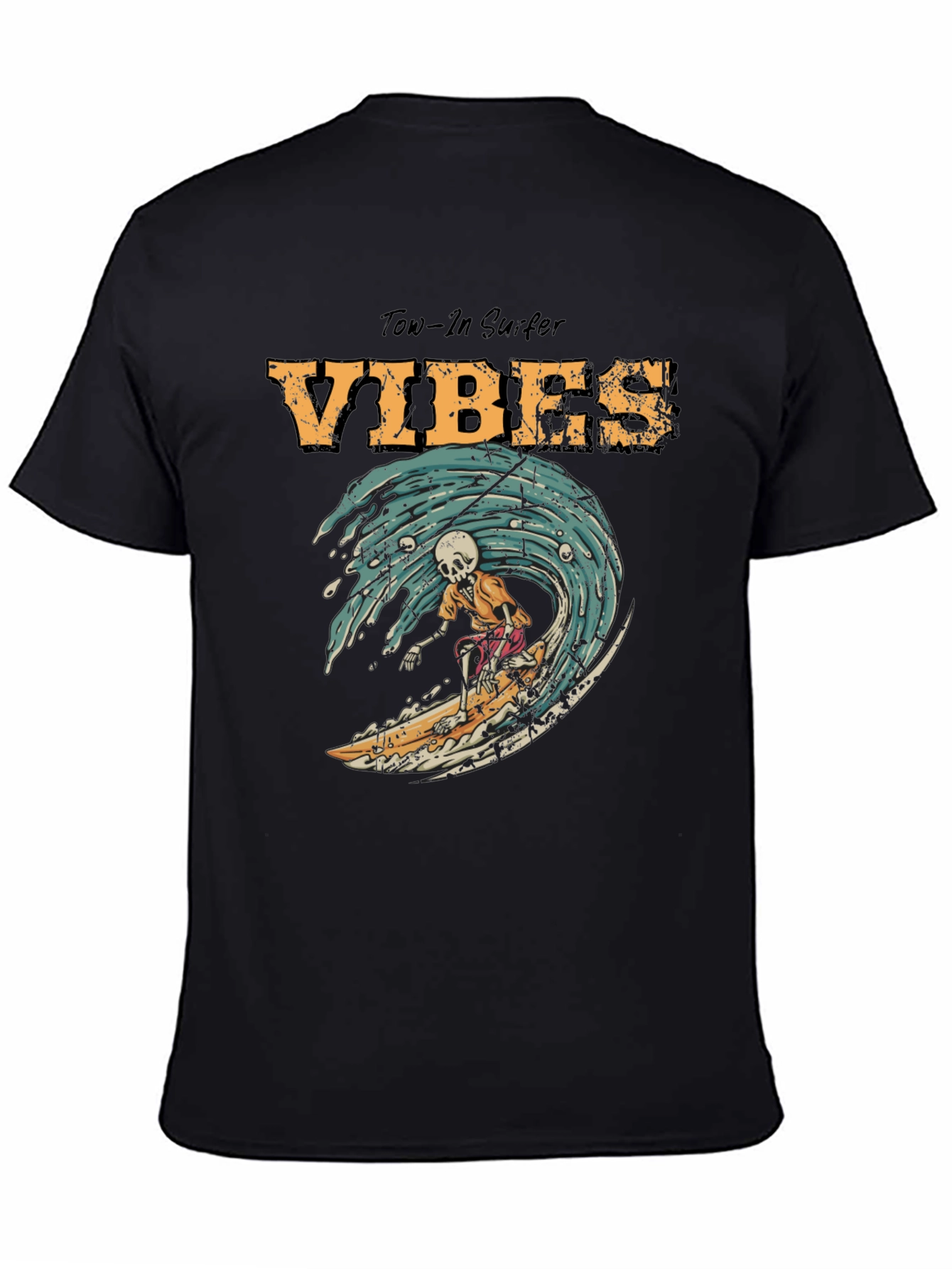 Tow-In Surfer Vibes Graphic Tee - Skeleton Surfing Wave