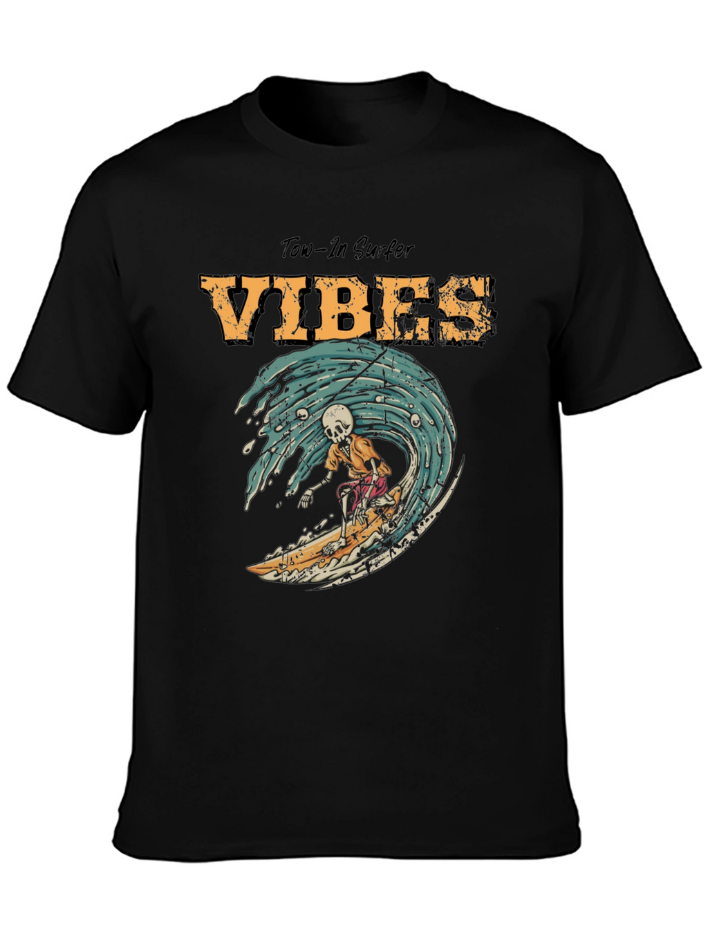 Tow-In Surfer Vibes Graphic Tee - Skeleton Surfing Wave