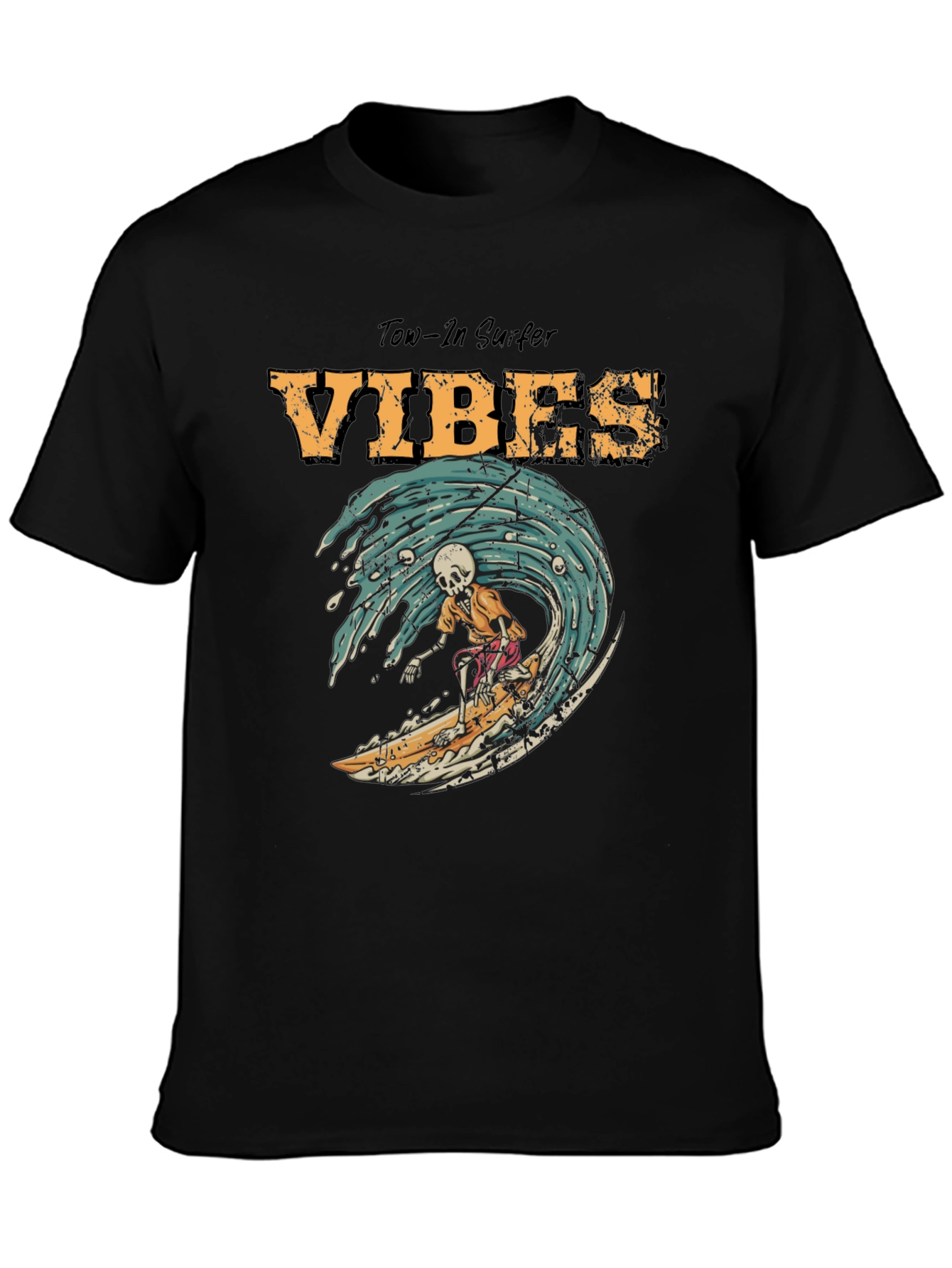 Tow-In Surfer Vibes Graphic Tee - Skeleton Surfing Wave
