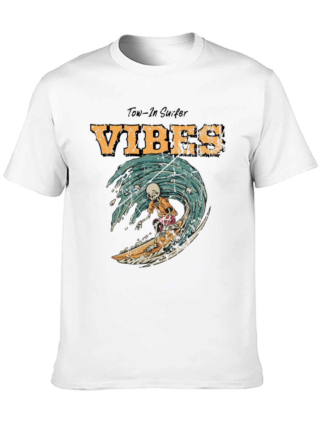 Tow-In Surfer Vibes Graphic Tee - Skeleton Surfing Wave
