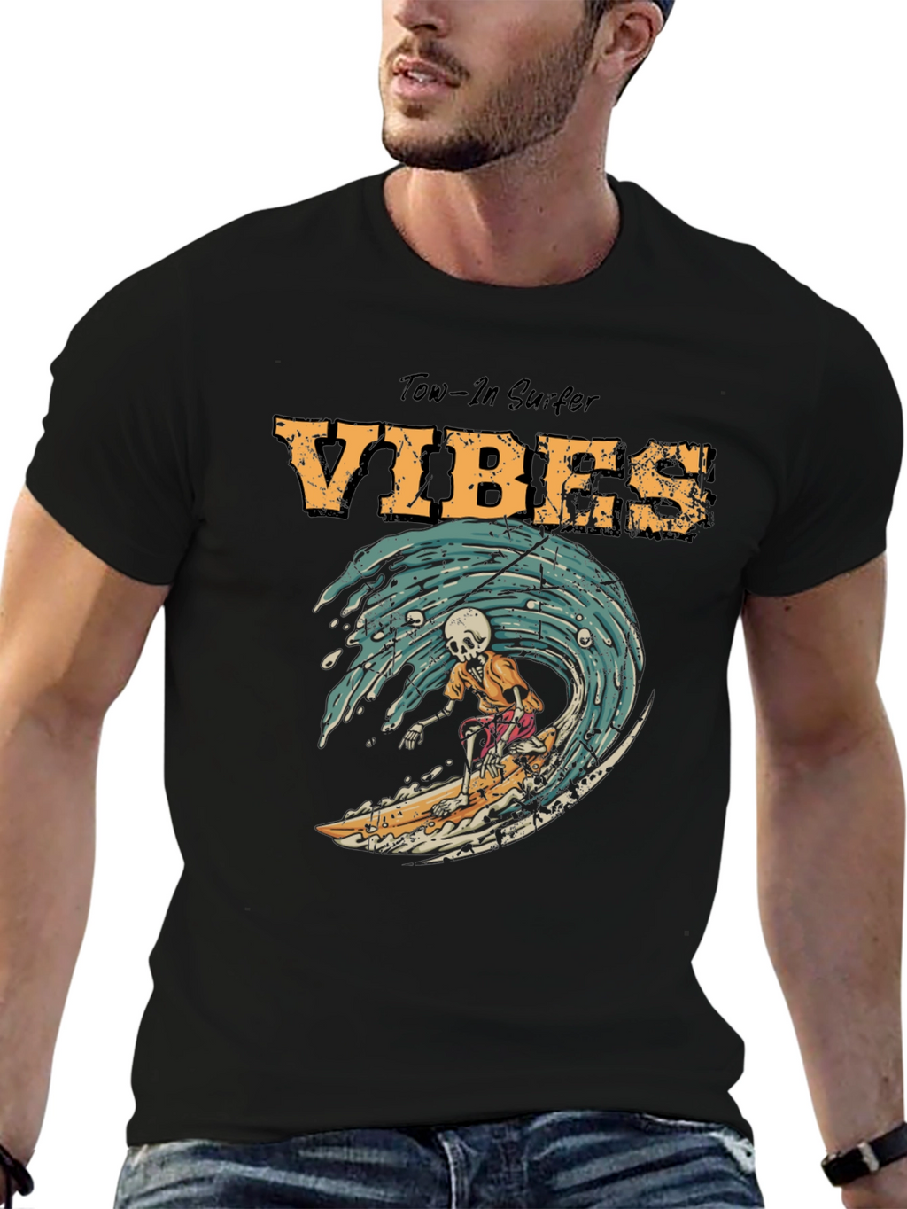 Tow-In Surfer Vibes Graphic Tee - Skeleton Surfing Wave