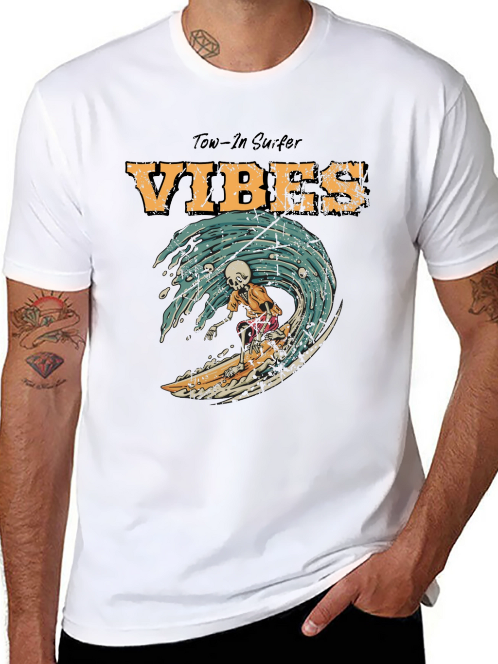 Tow-In Surfer Vibes Graphic Tee - Skeleton Surfing Wave