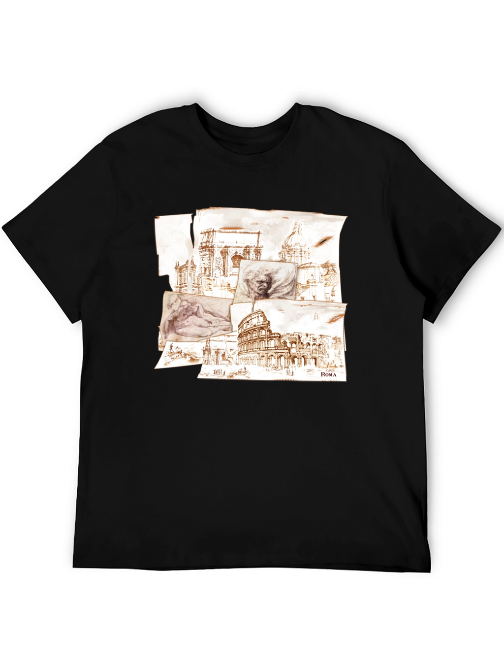 Rome Sketch Collage Graphic Tee - Black Cotton Blend