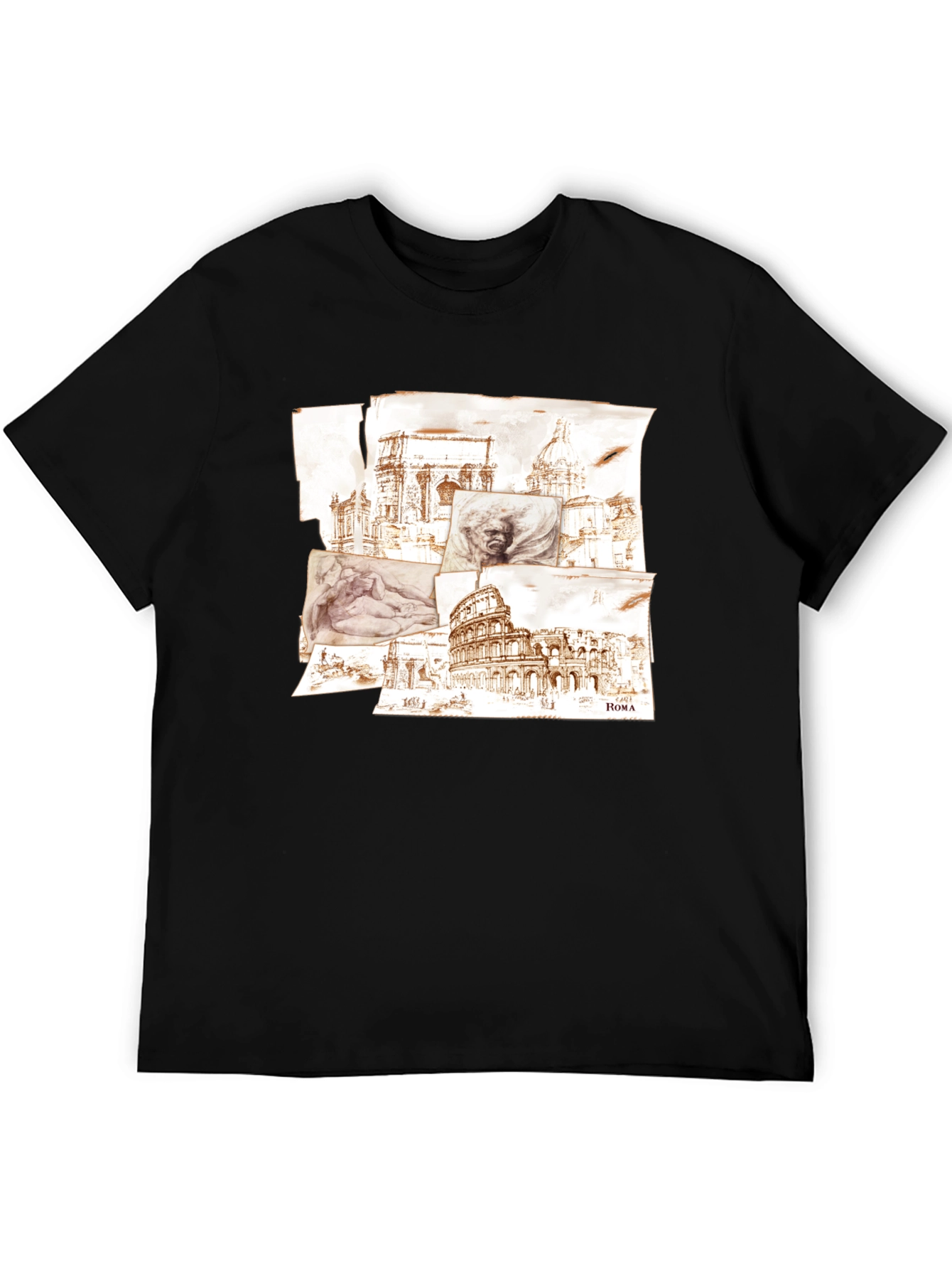 Rome Sketch Collage Graphic Tee - Black Cotton Blend
