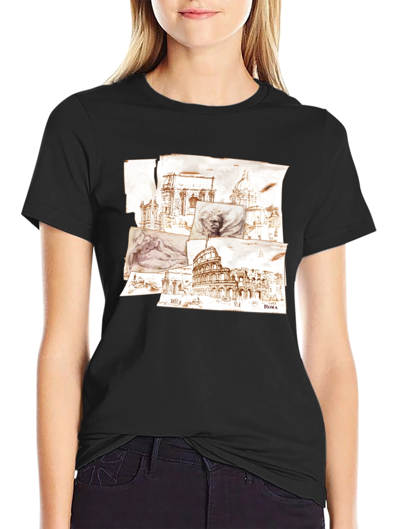 Rome Sketch Collage Graphic Tee - Black Cotton Blend