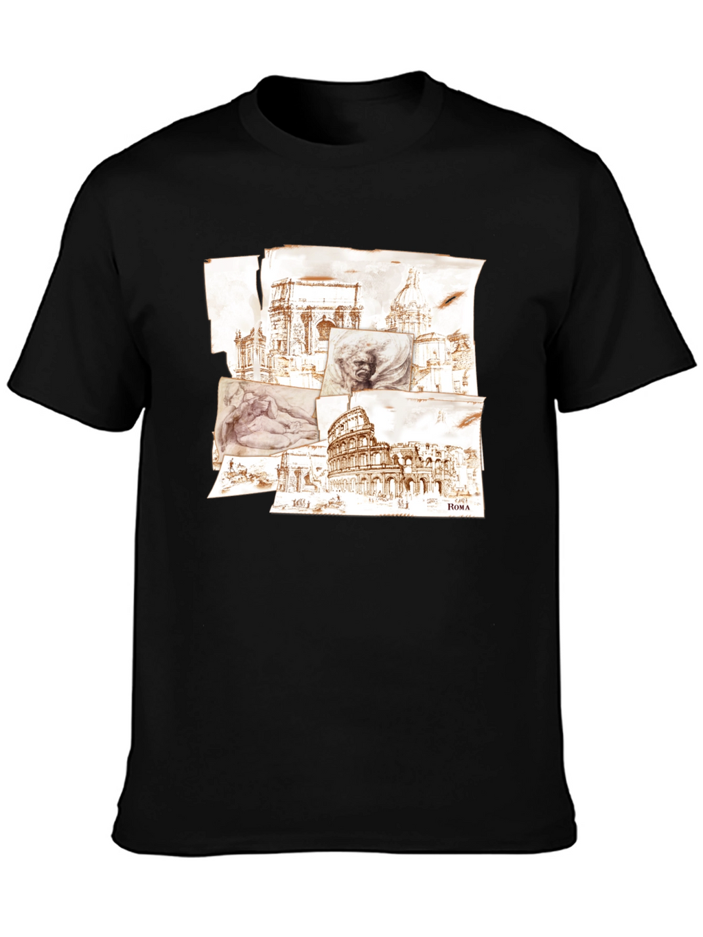 Rome Sketch Collage Graphic Tee - Black Cotton Blend