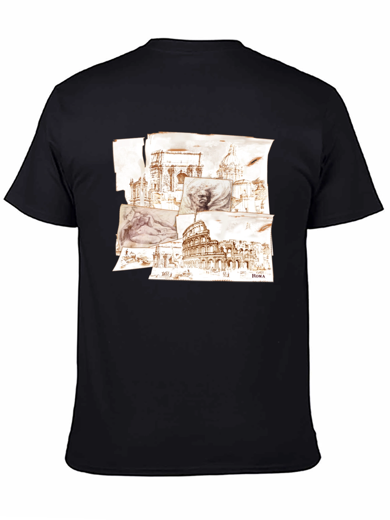 Rome Sketch Collage Graphic Tee - Black Cotton Blend
