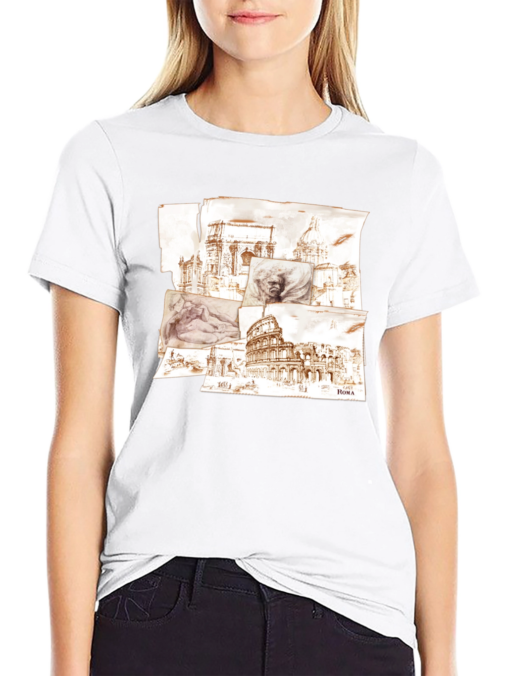 Rome Sketch Collage Graphic Tee - Black Cotton Blend