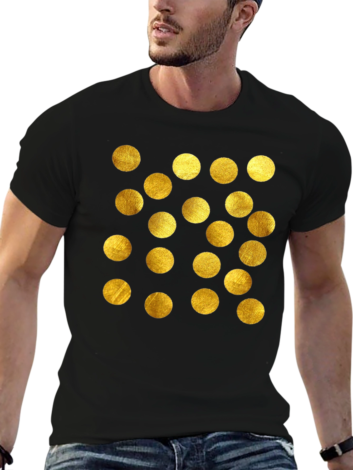 Gold Polka Dot Graphic Tee - Stylish Mens Black T-Shirt