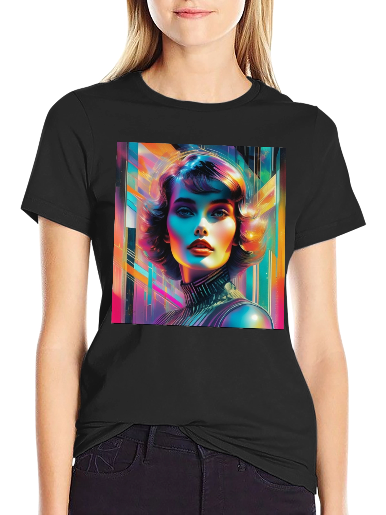 Vivid Retro Woman Graphic Tee - Modern Art Style