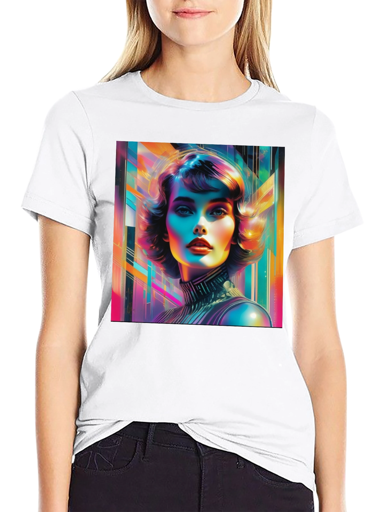 Vivid Retro Woman Graphic Tee - Modern Art Style
