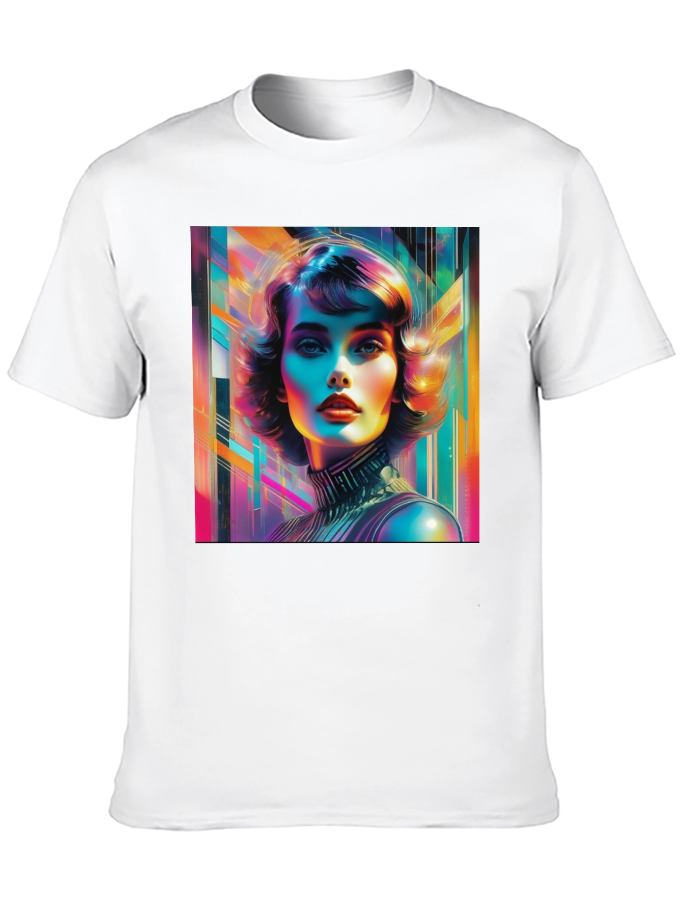 Vivid Retro Woman Graphic Tee - Modern Art Style