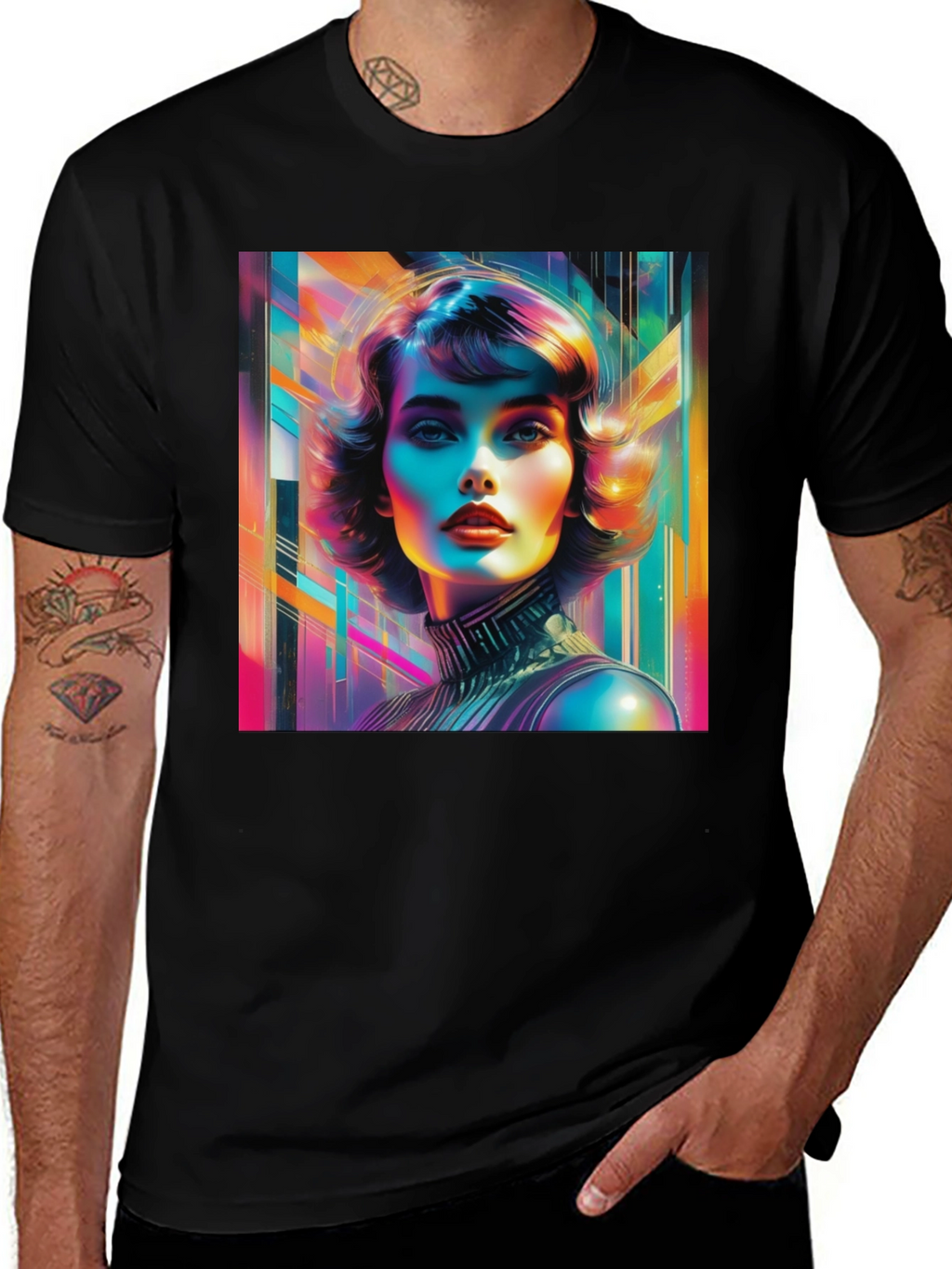 Vivid Retro Woman Graphic Tee - Modern Art Style