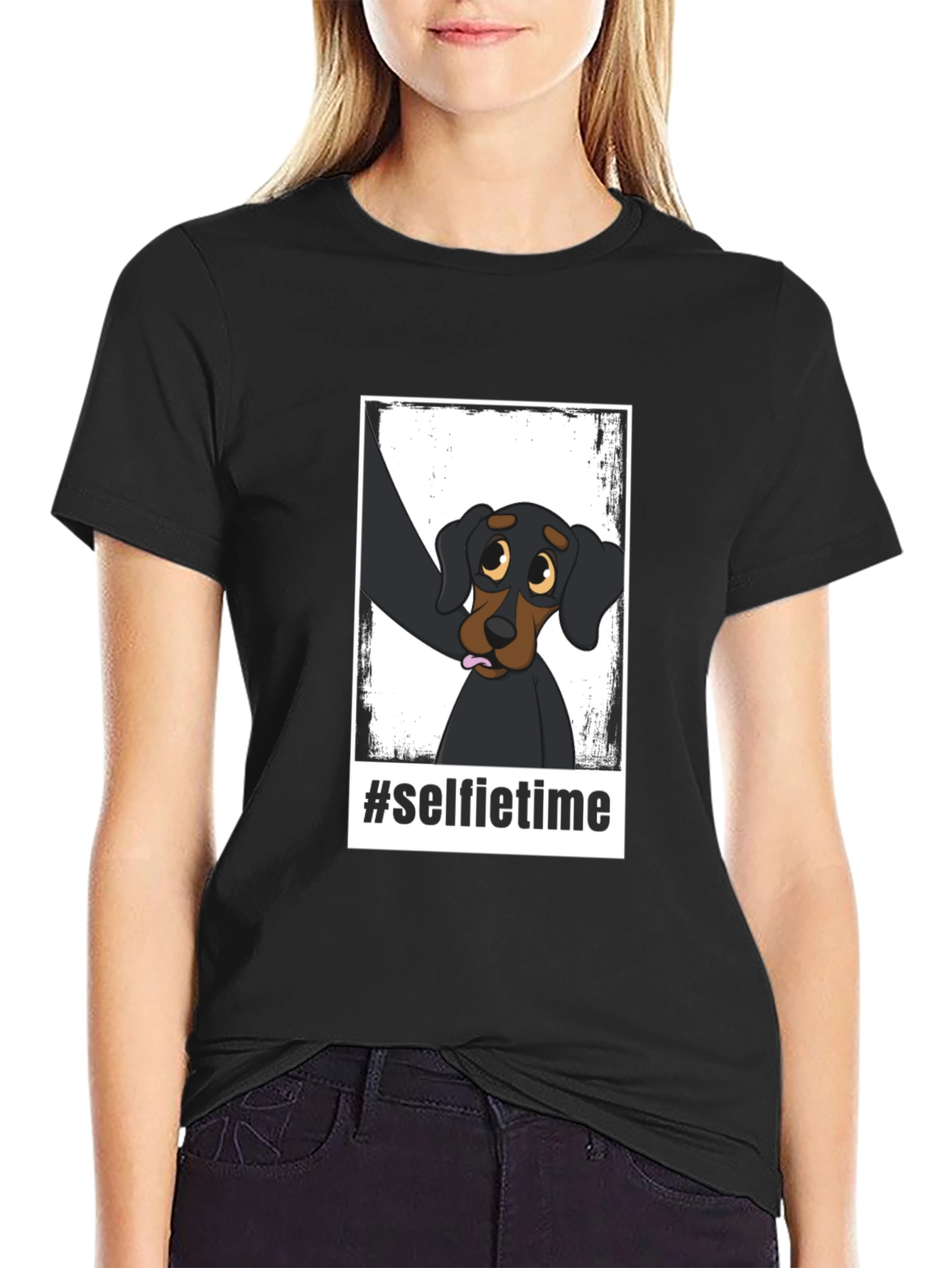 Selfie Time Dog Graphic Black T-Shirt