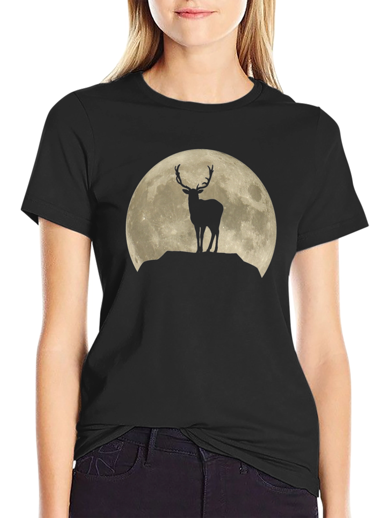 Moonlit Stag Graphic Tee - Black Crewneck
