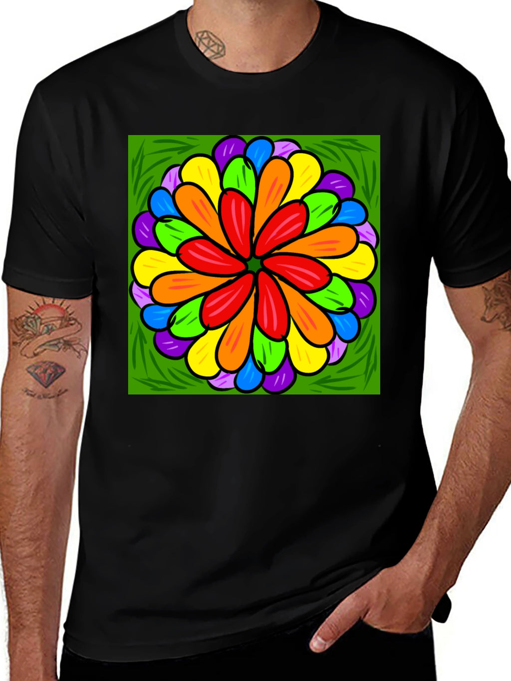 Rainbow Flower Graphic Print Black T-Shirt