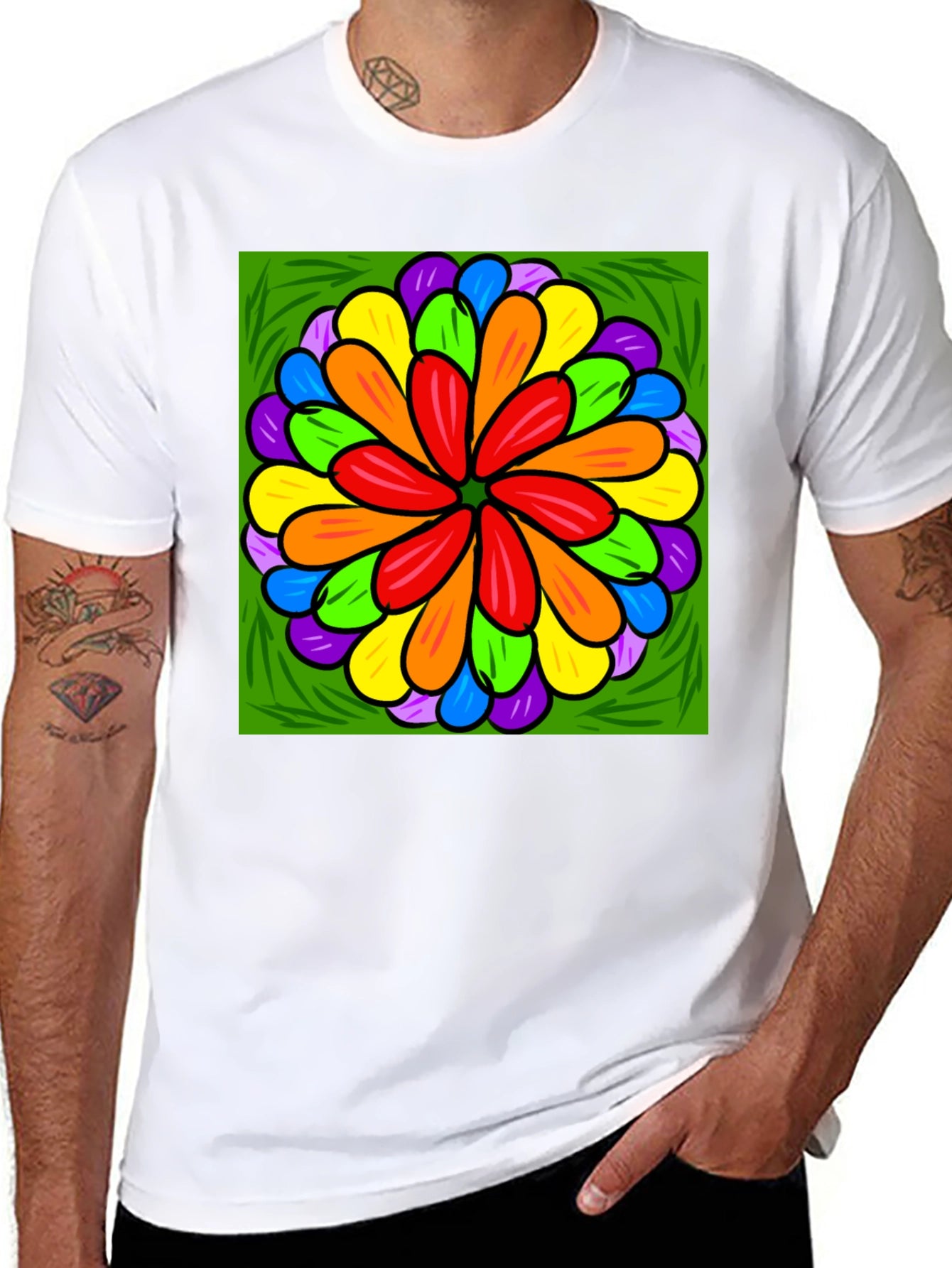 Rainbow Flower Graphic Print Black T-Shirt