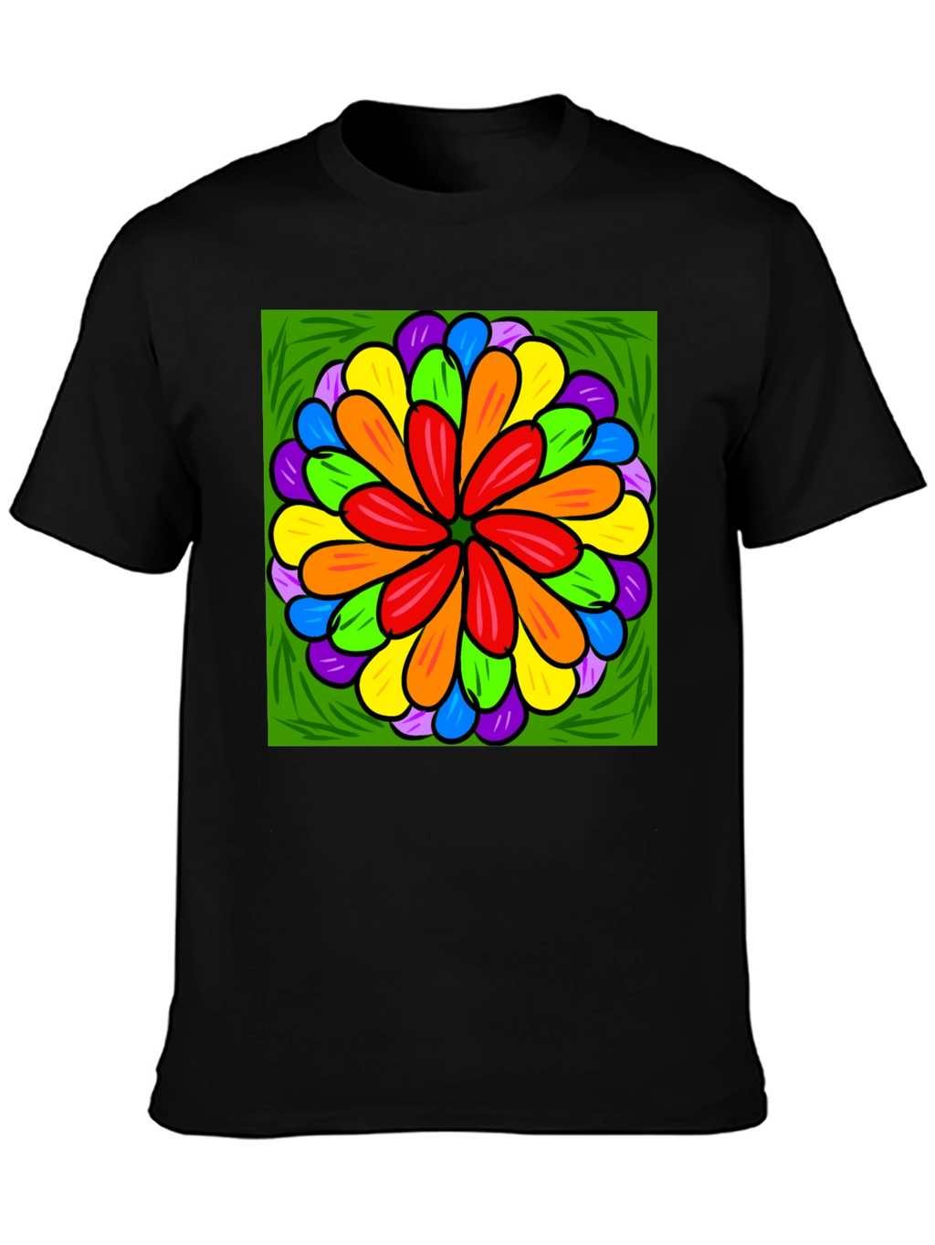 Rainbow Flower Graphic Print Black T-Shirt