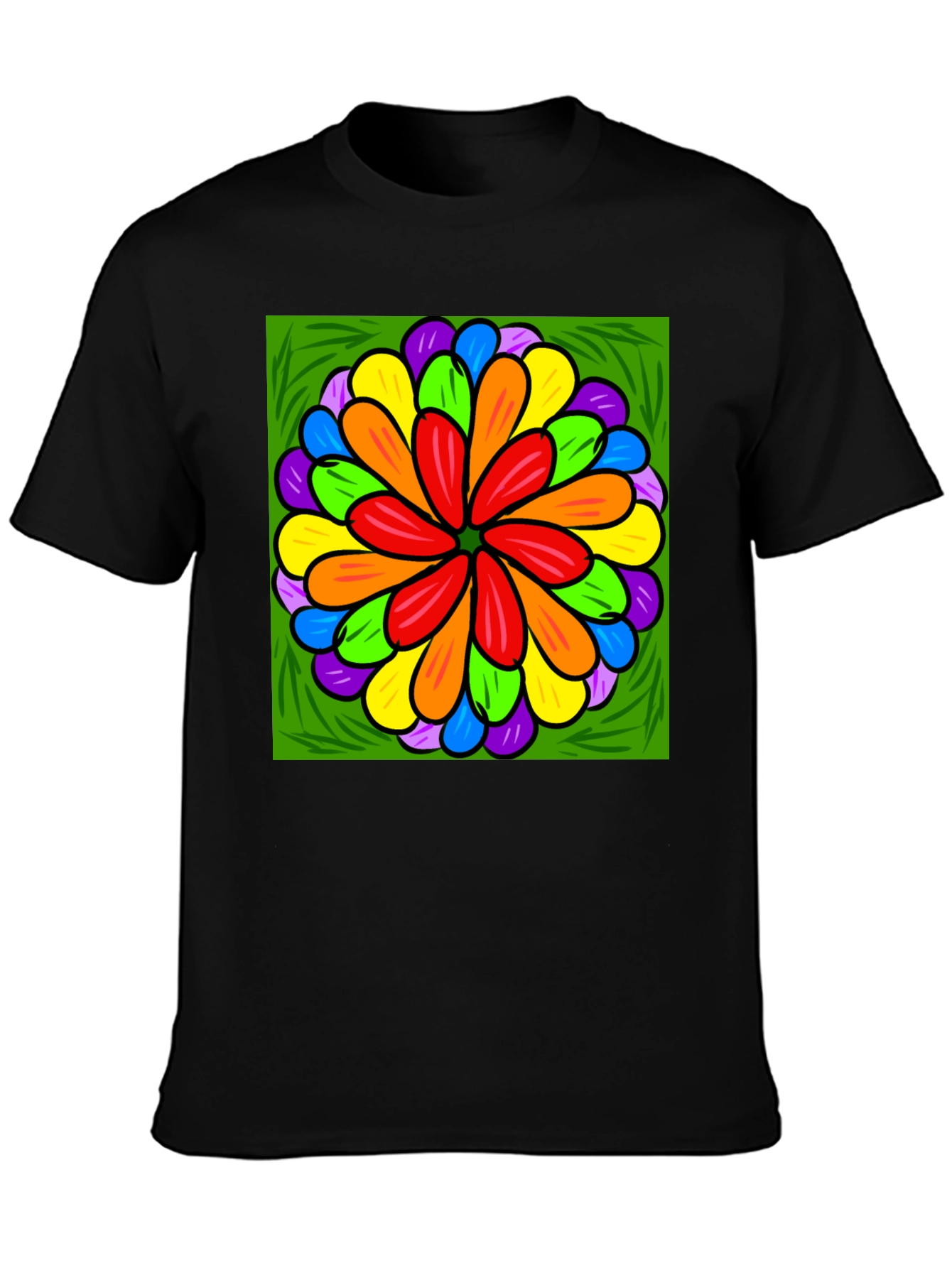 Rainbow Flower Graphic Print Black T-Shirt