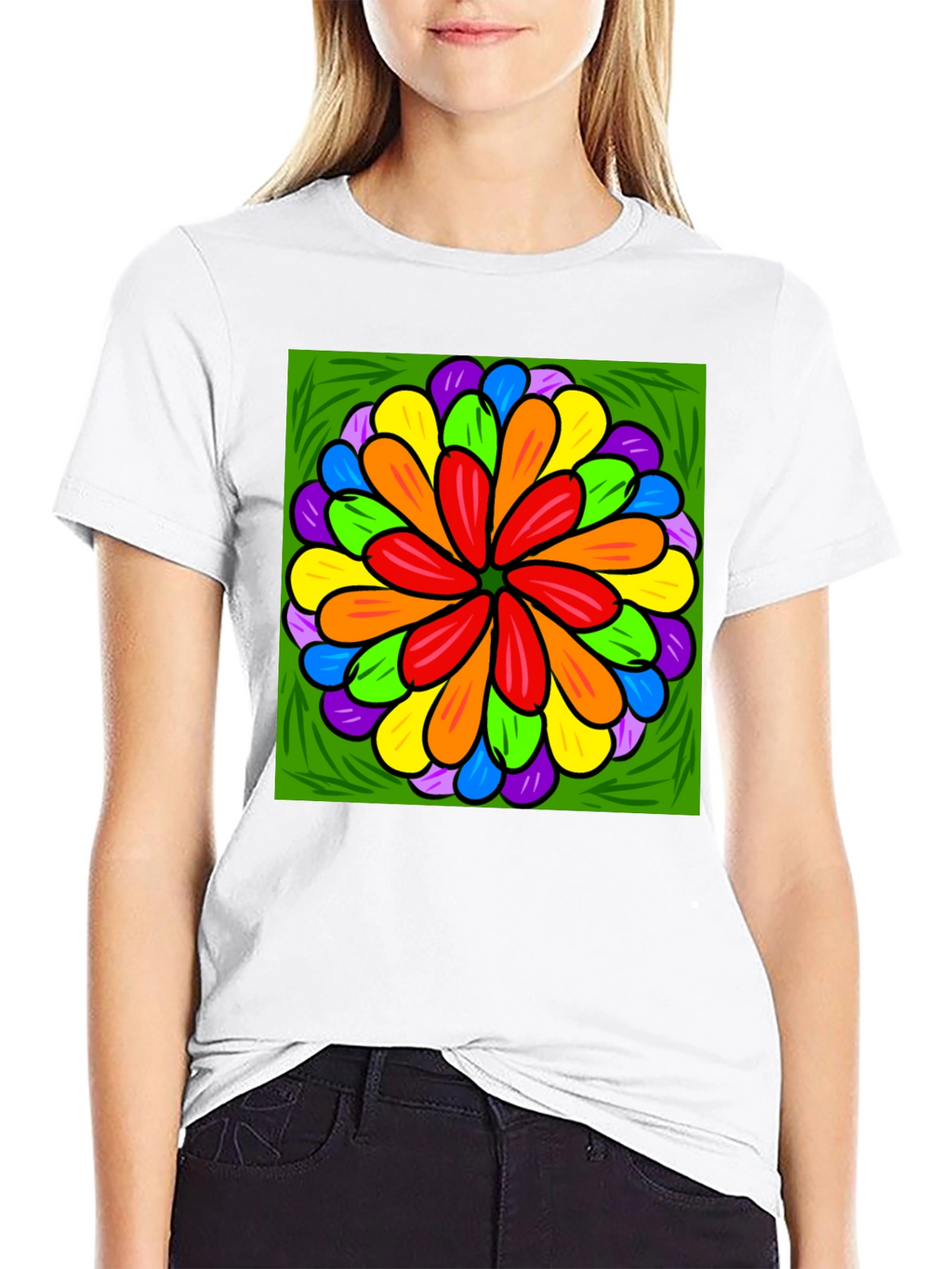 Rainbow Flower Graphic Print Black T-Shirt