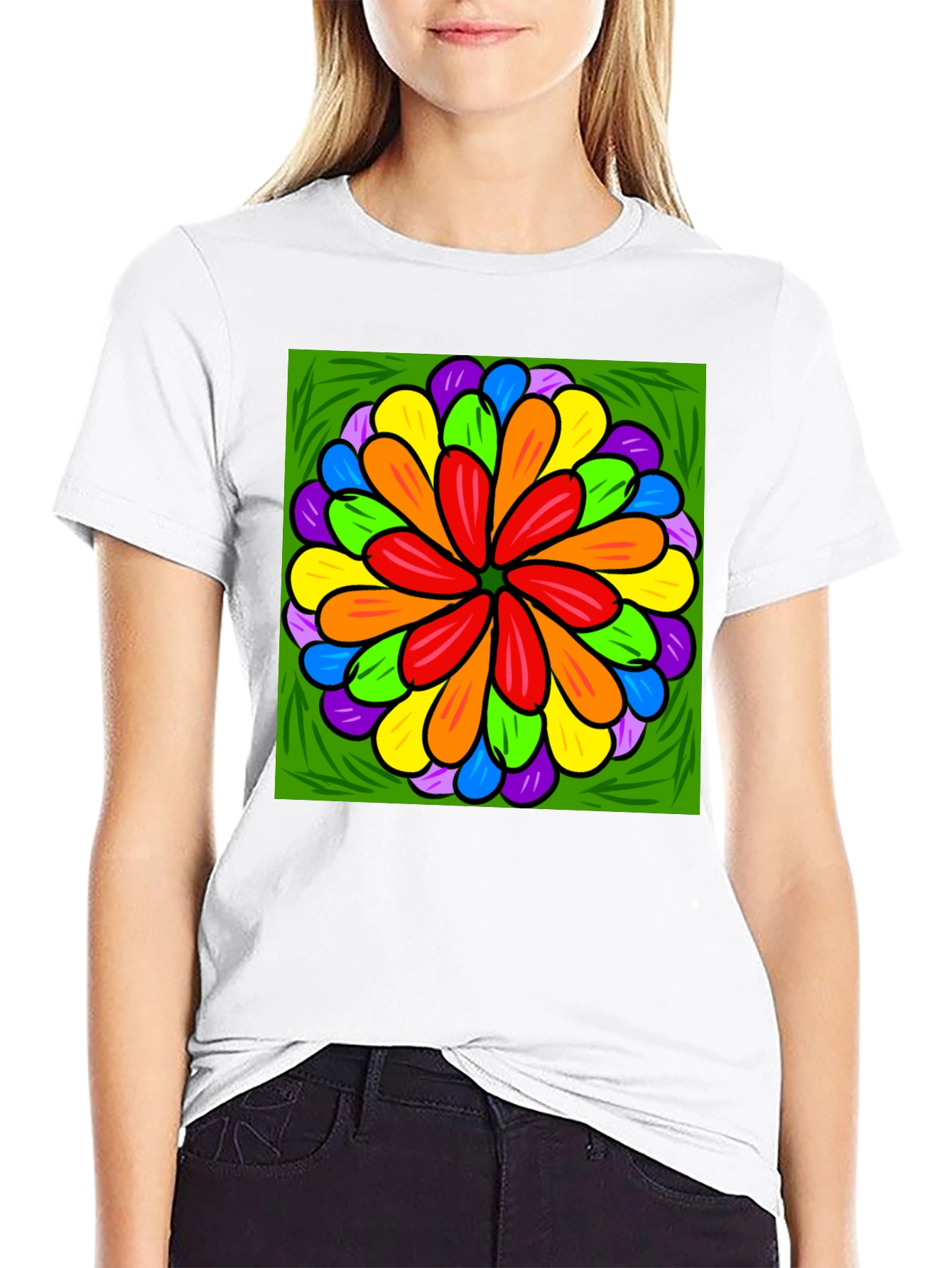 Rainbow Flower Graphic Print Black T-Shirt