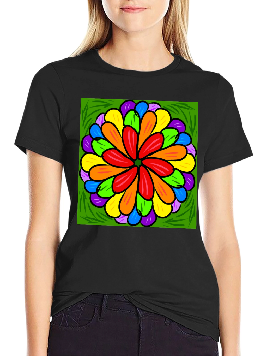 Rainbow Flower Graphic Print Black T-Shirt