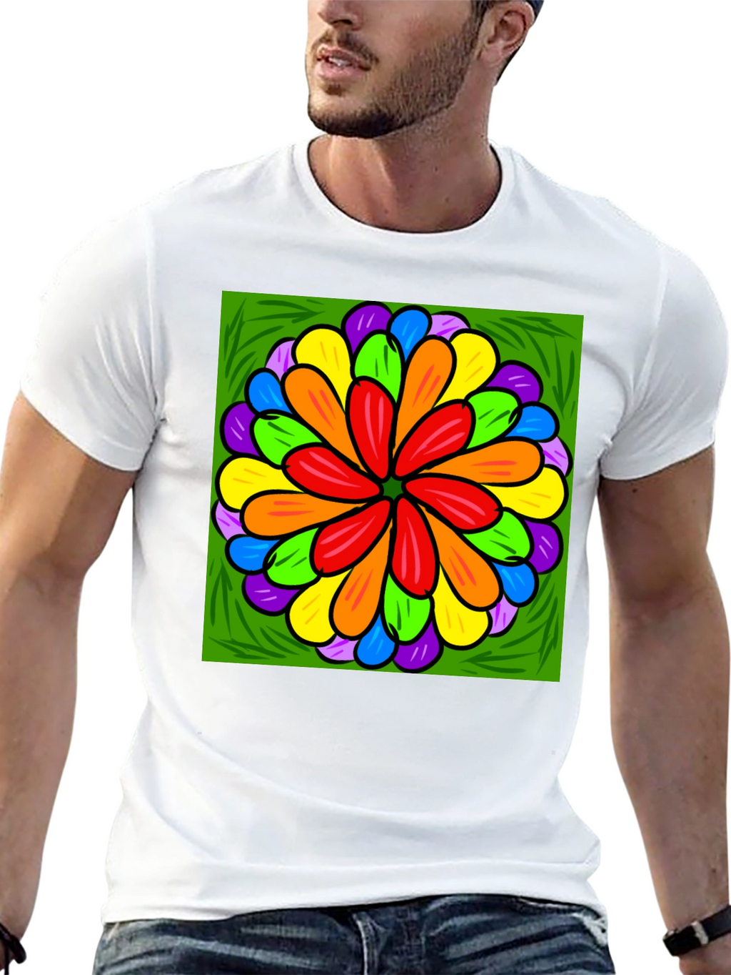 Rainbow Flower Graphic Print Black T-Shirt