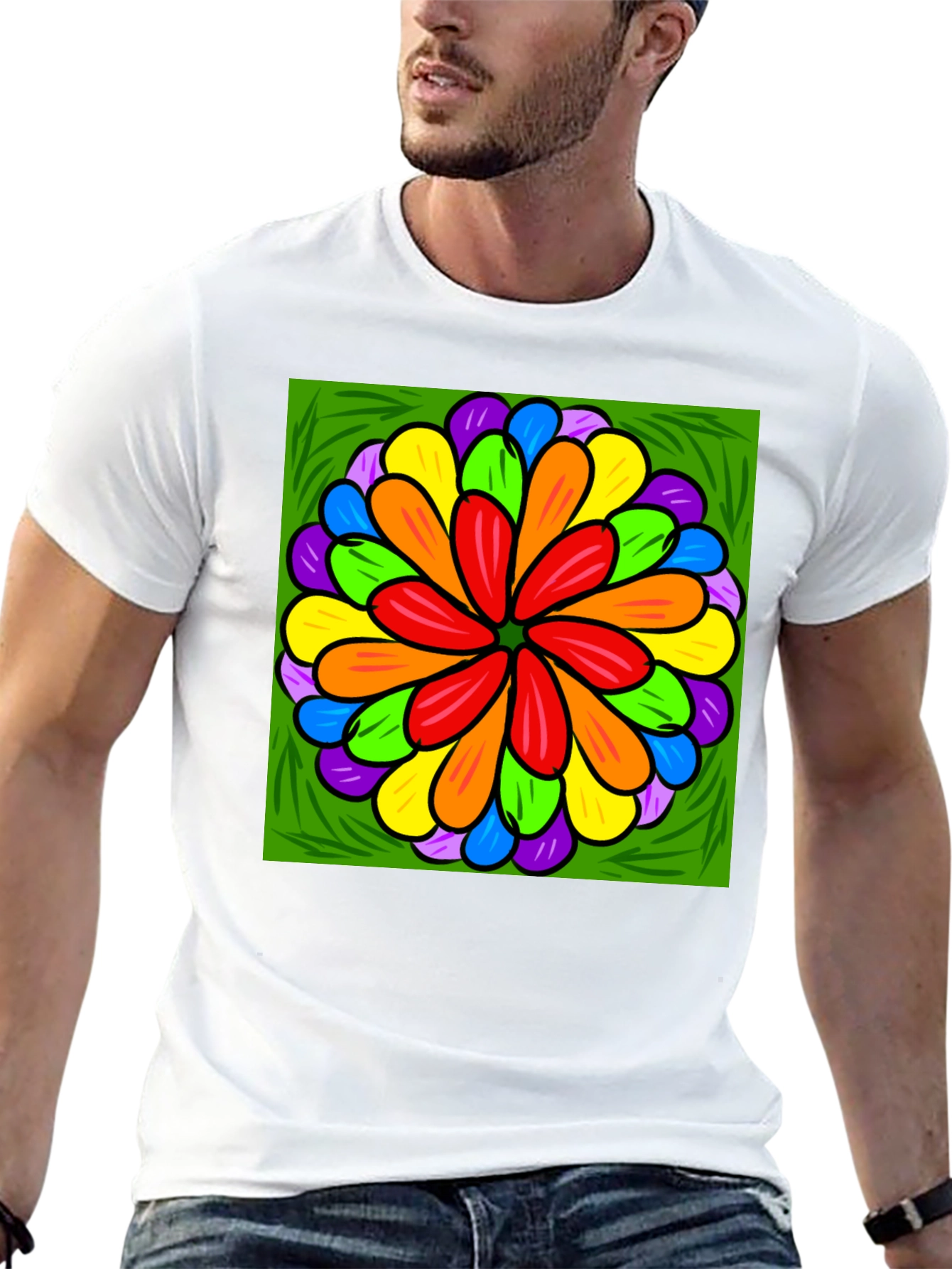 Rainbow Flower Graphic Print Black T-Shirt