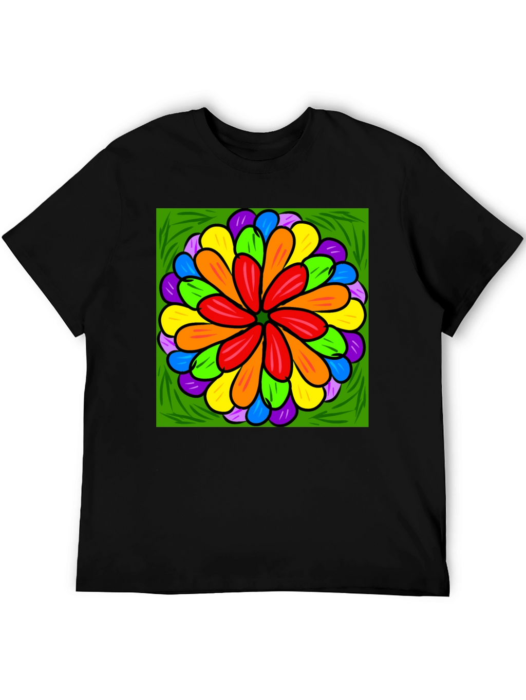 Rainbow Flower Graphic Print Black T-Shirt