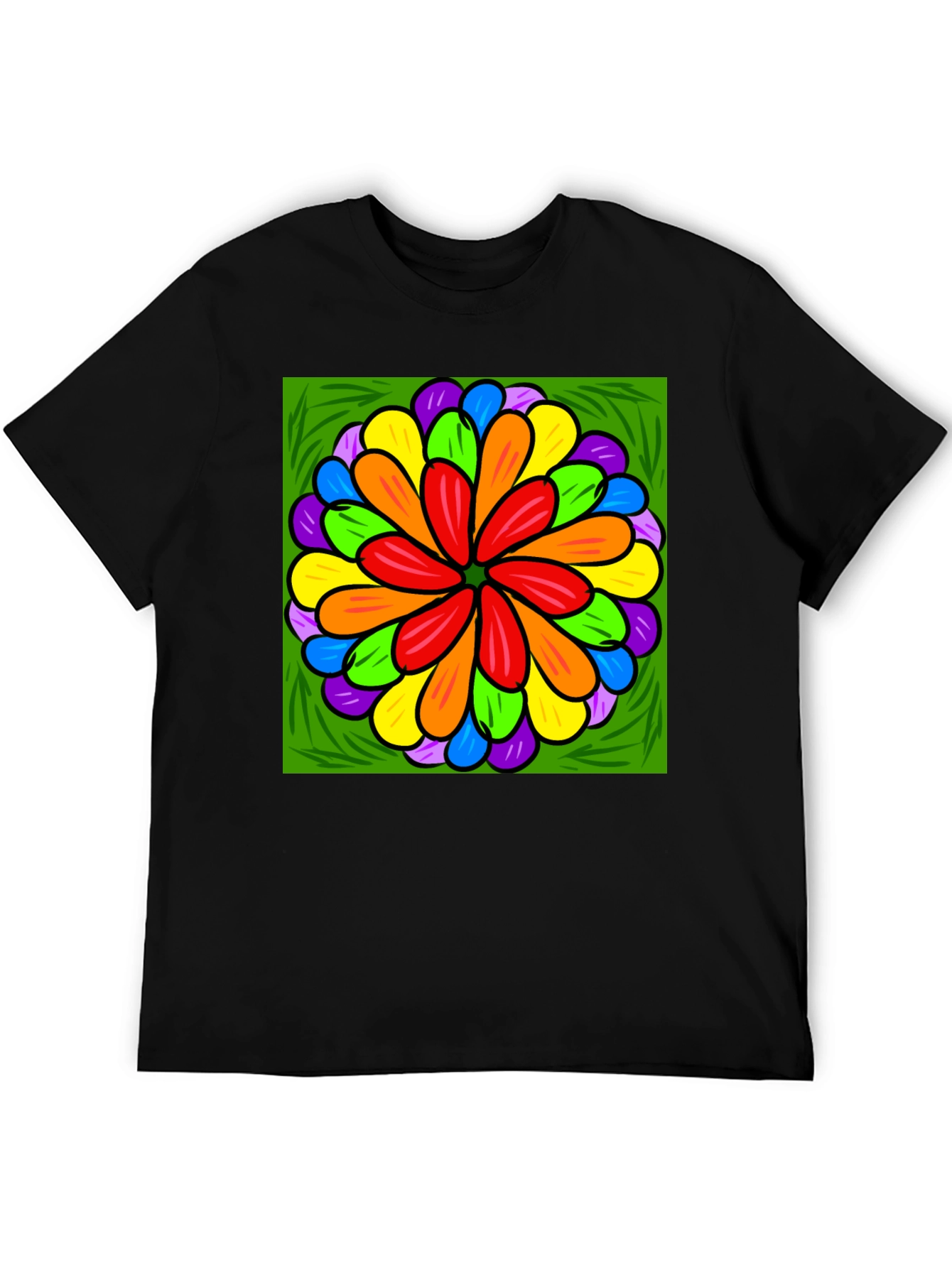 Rainbow Flower Graphic Print Black T-Shirt