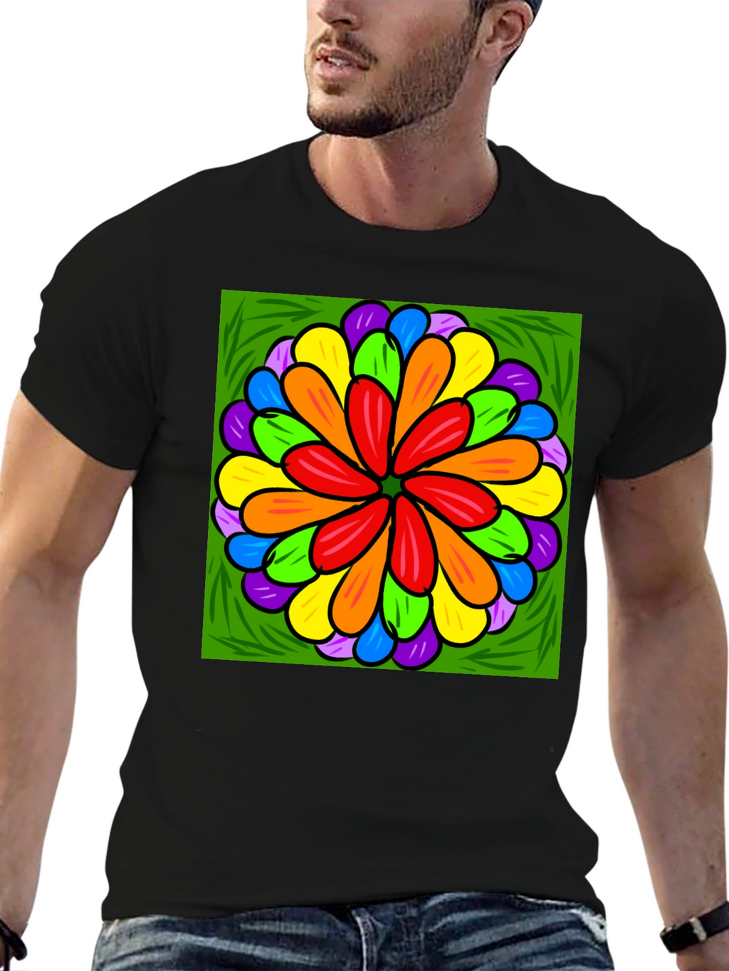 Rainbow Flower Graphic Print Black T-Shirt