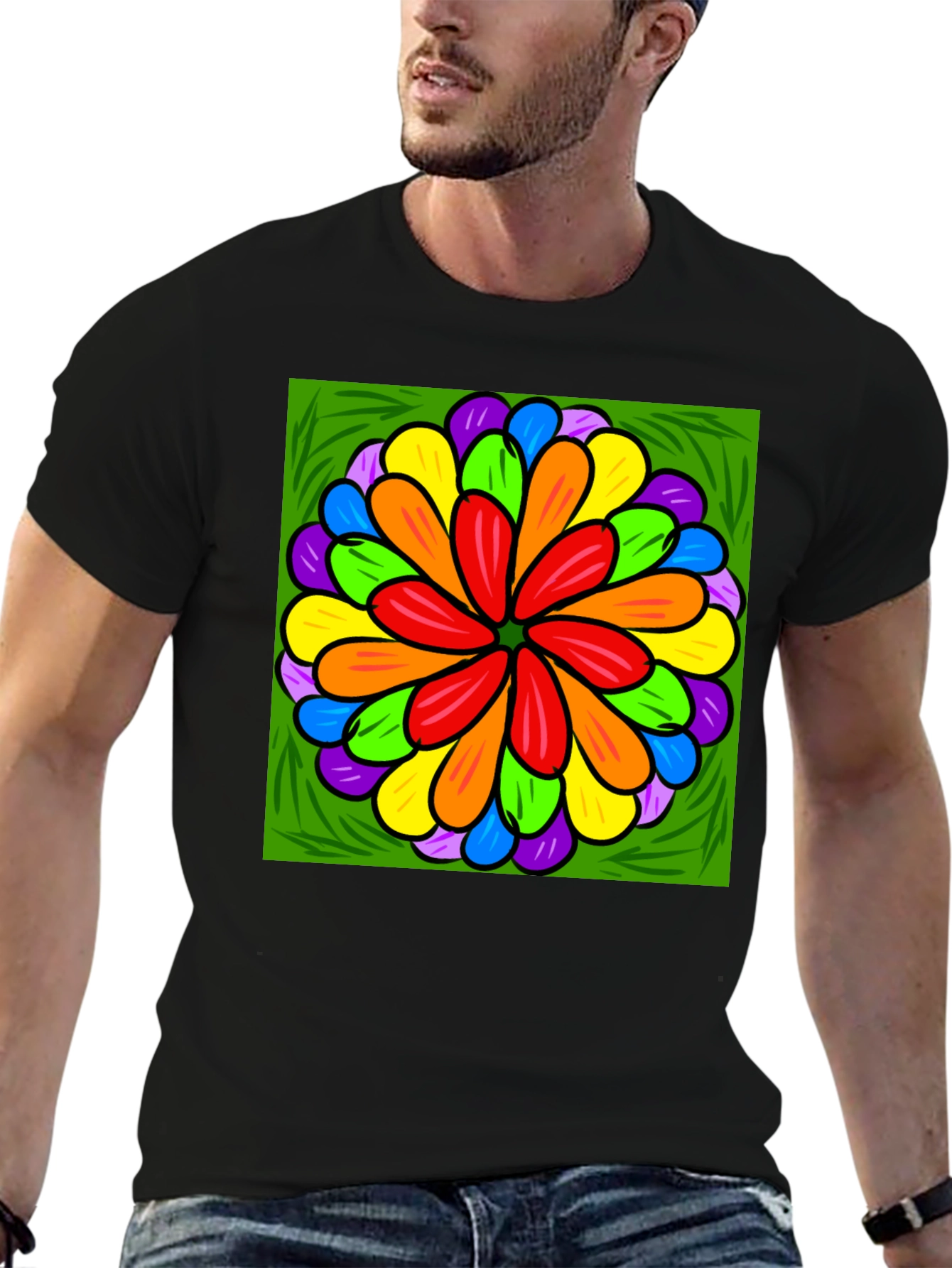 Rainbow Flower Graphic Print Black T-Shirt