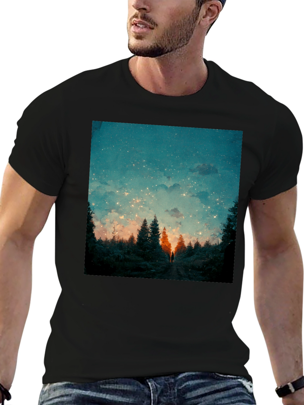 Starry Night Forest Tee - Unique Graphic Print
