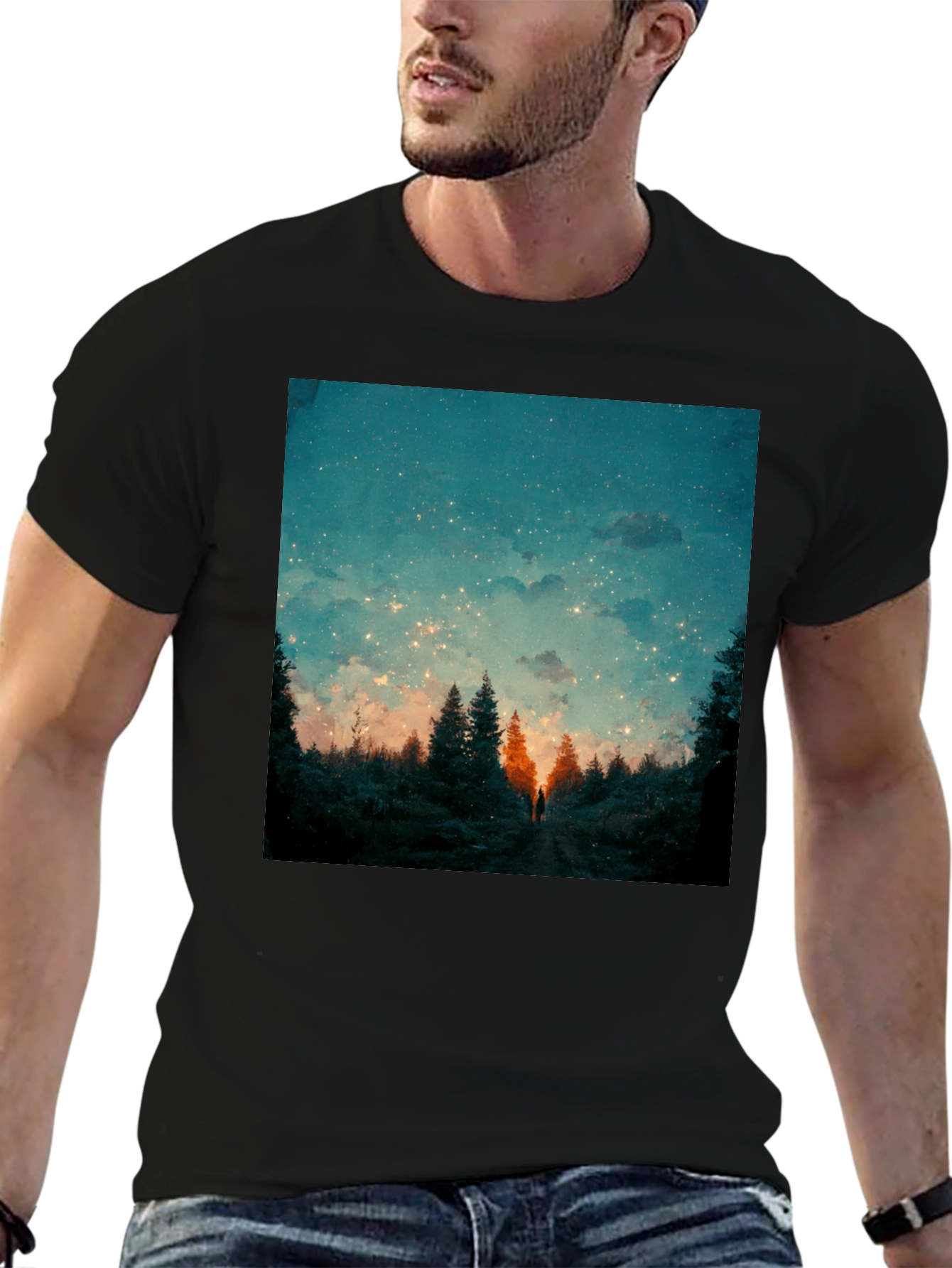 Starry Night Forest Tee - Unique Graphic Print