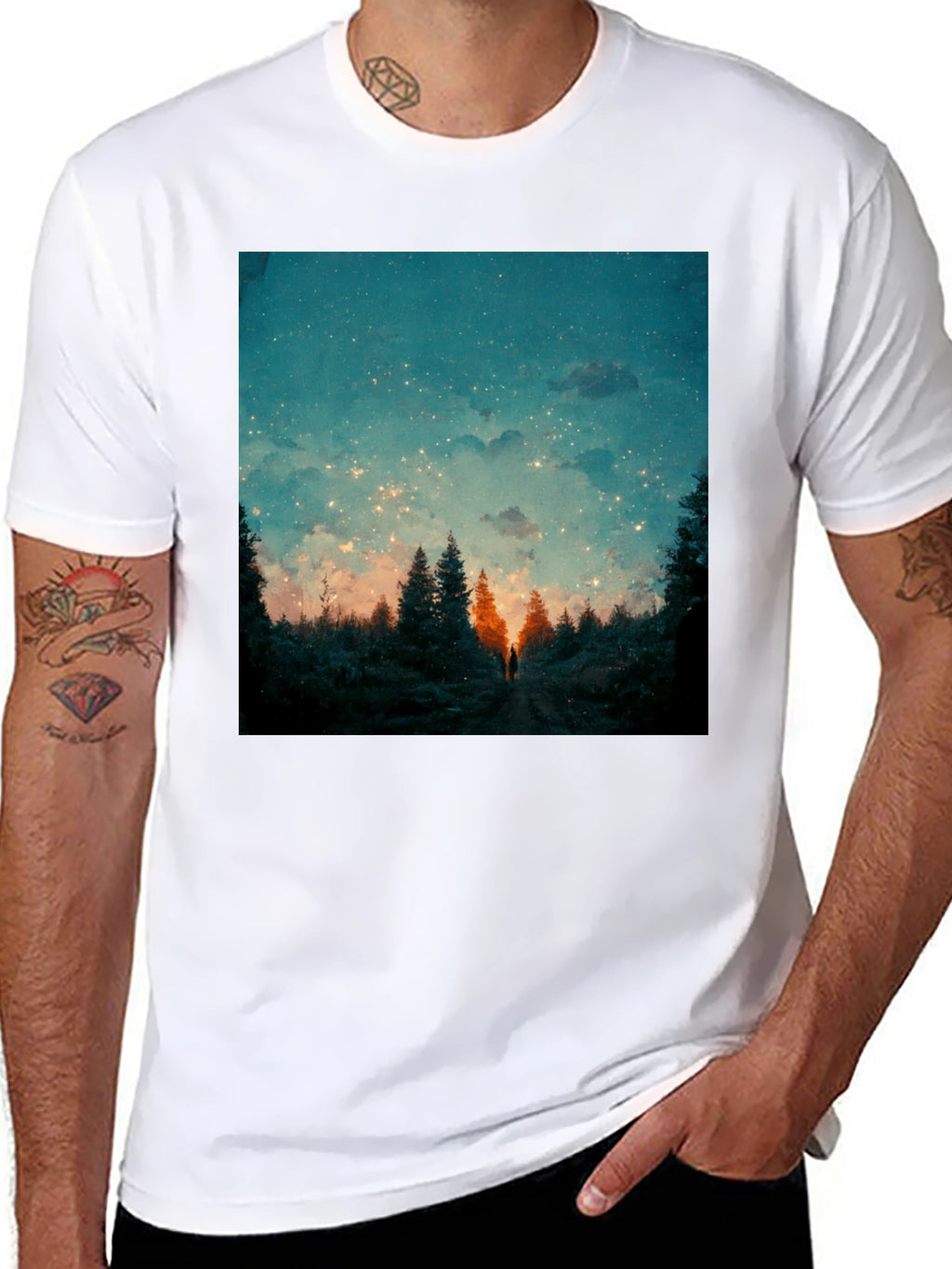 Starry Night Forest Tee - Unique Graphic Print
