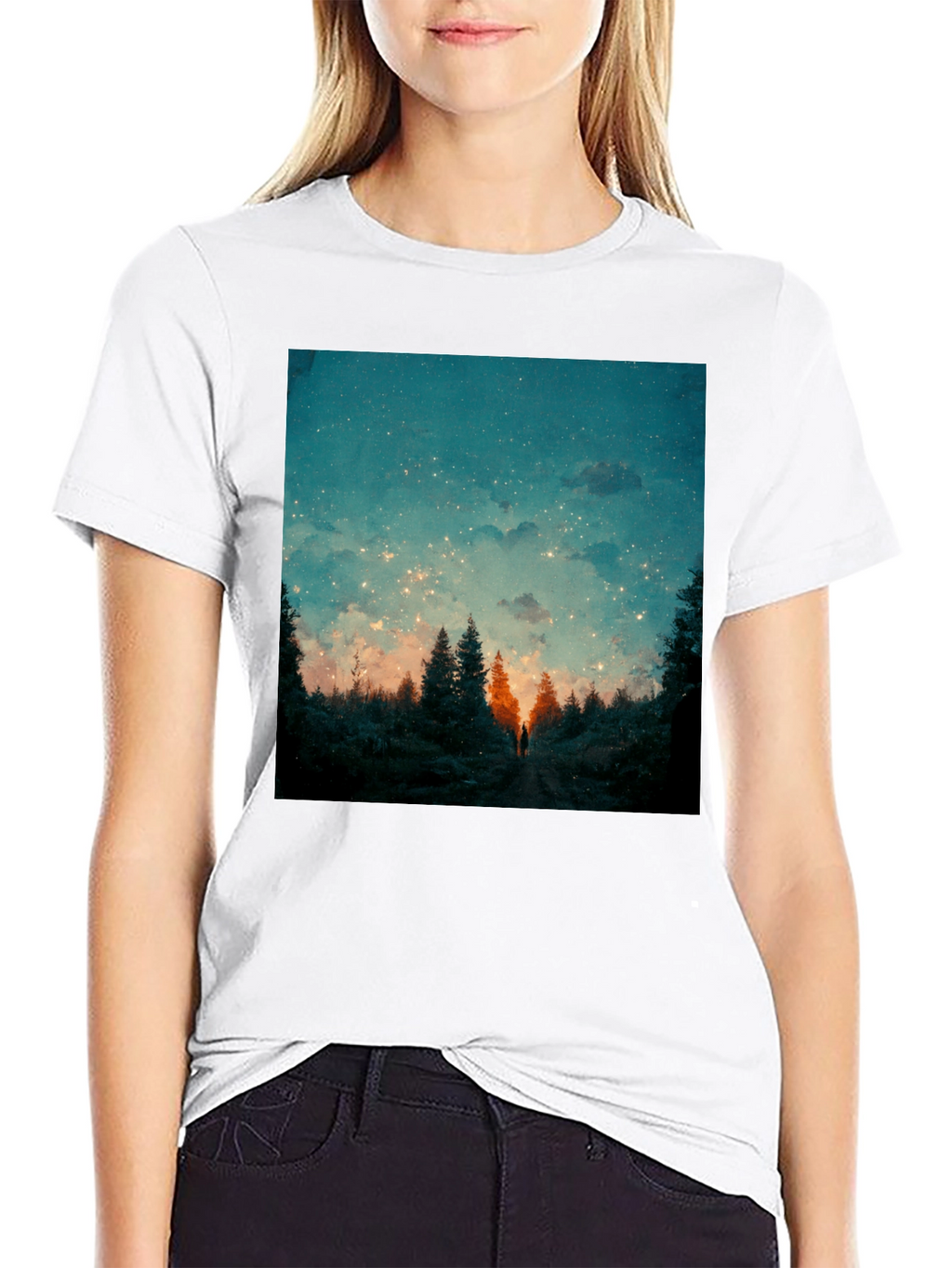 Starry Night Forest Tee - Unique Graphic Print