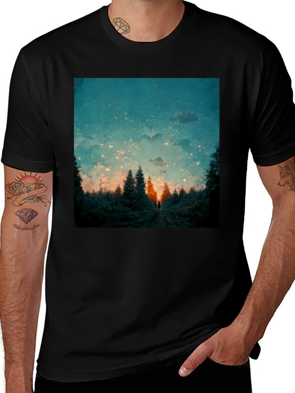 Starry Night Forest Tee - Unique Graphic Print