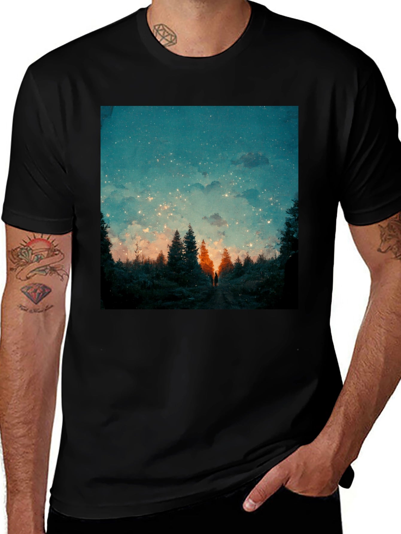 Starry Night Forest Tee - Unique Graphic Print