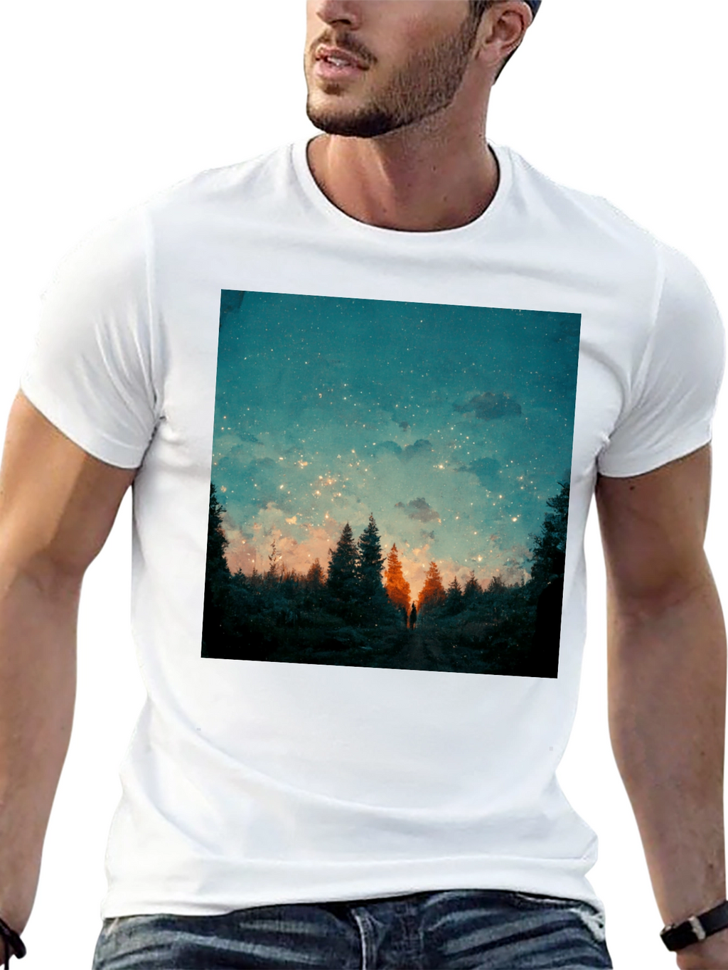 Starry Night Forest Tee - Unique Graphic Print