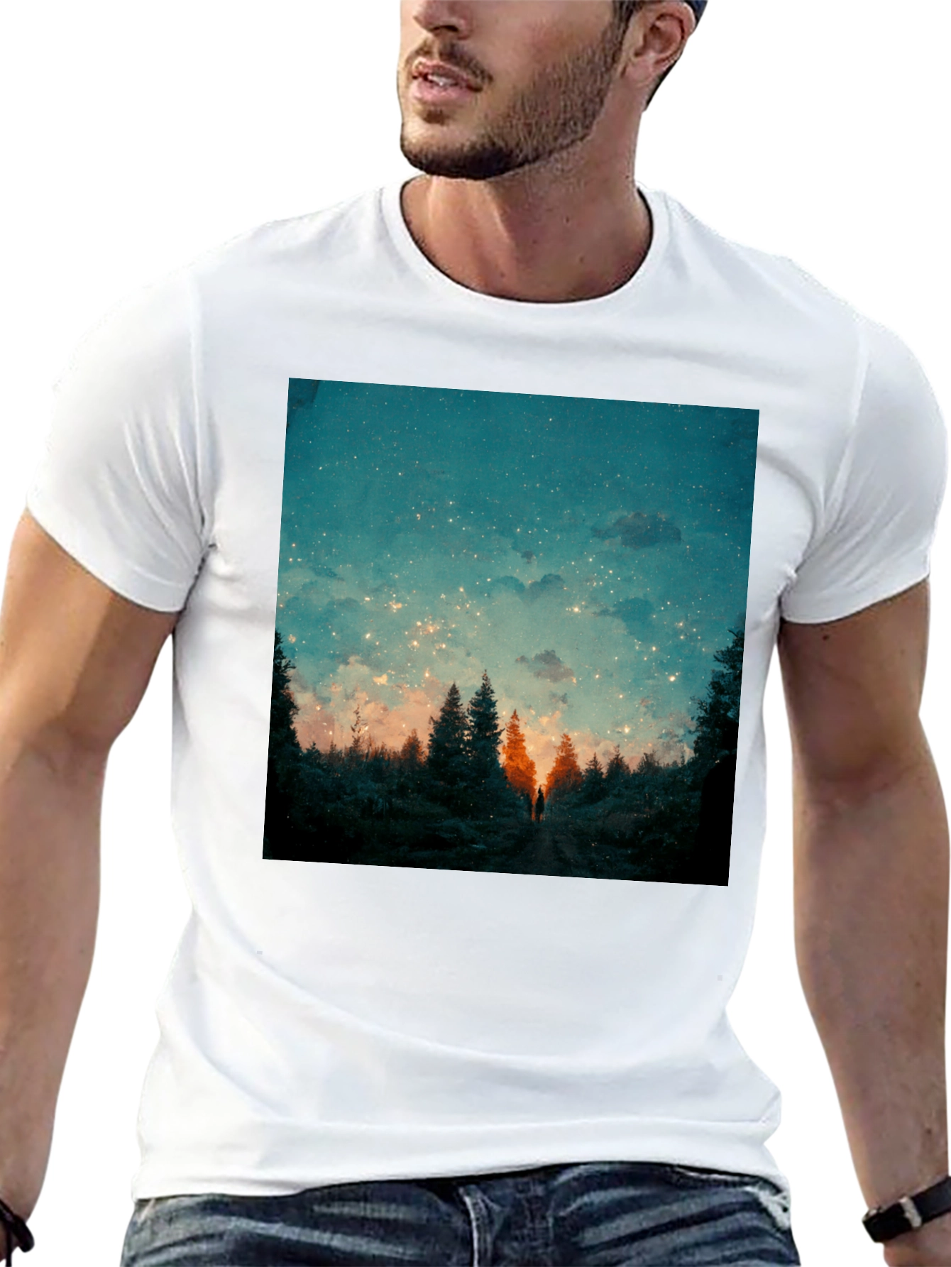 Starry Night Forest Tee - Unique Graphic Print