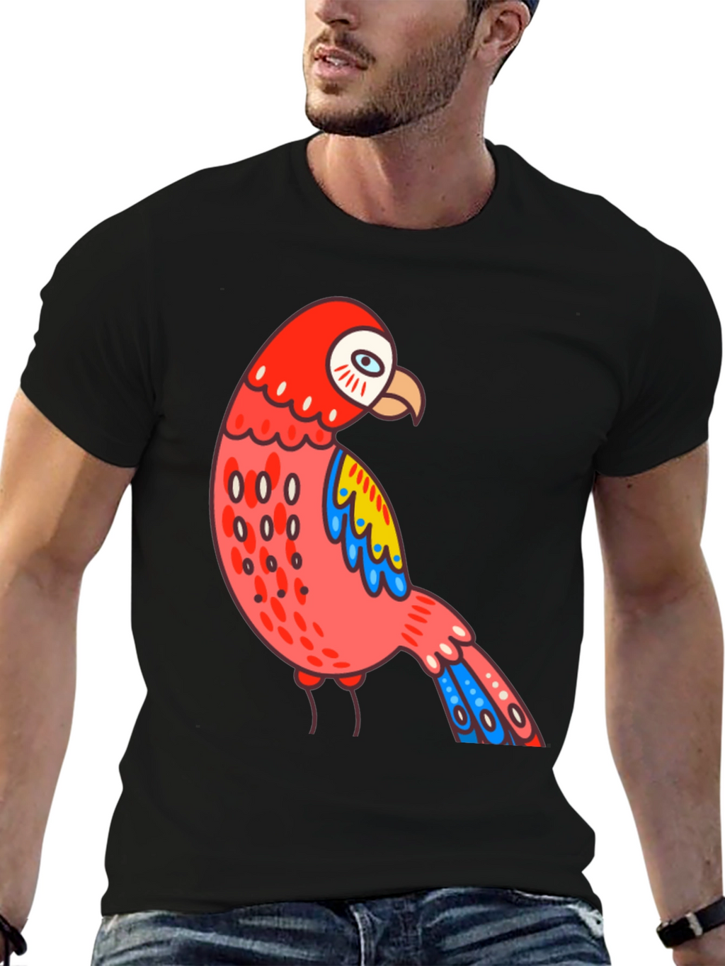 Black Parrot T-Shirt Quirky Bird Graphic Tee