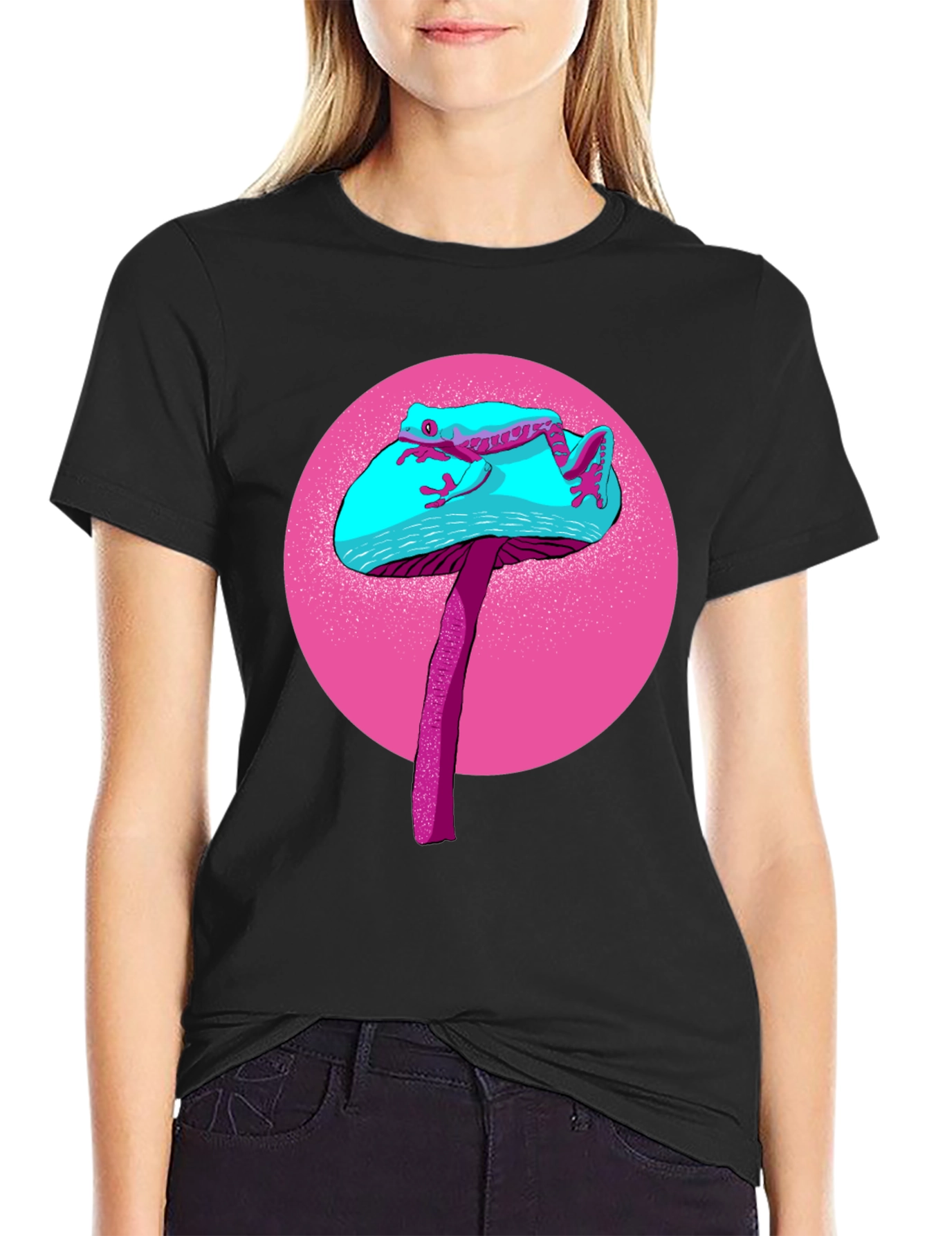 Frog on Mushroom Graphic Tee - Black