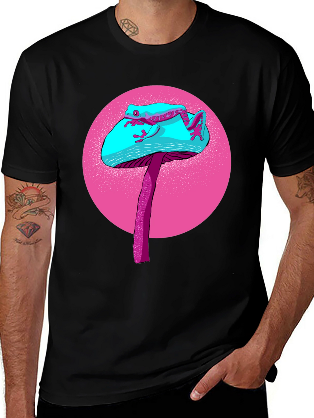 Frog on Mushroom Graphic Tee - Black