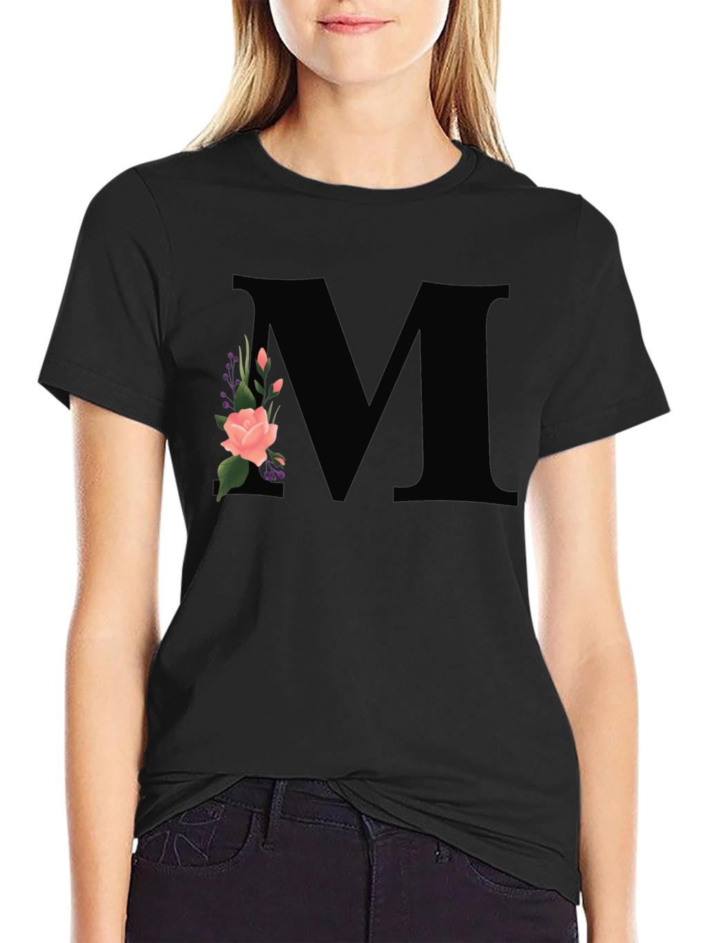 Floral Initial M Black T-Shirt