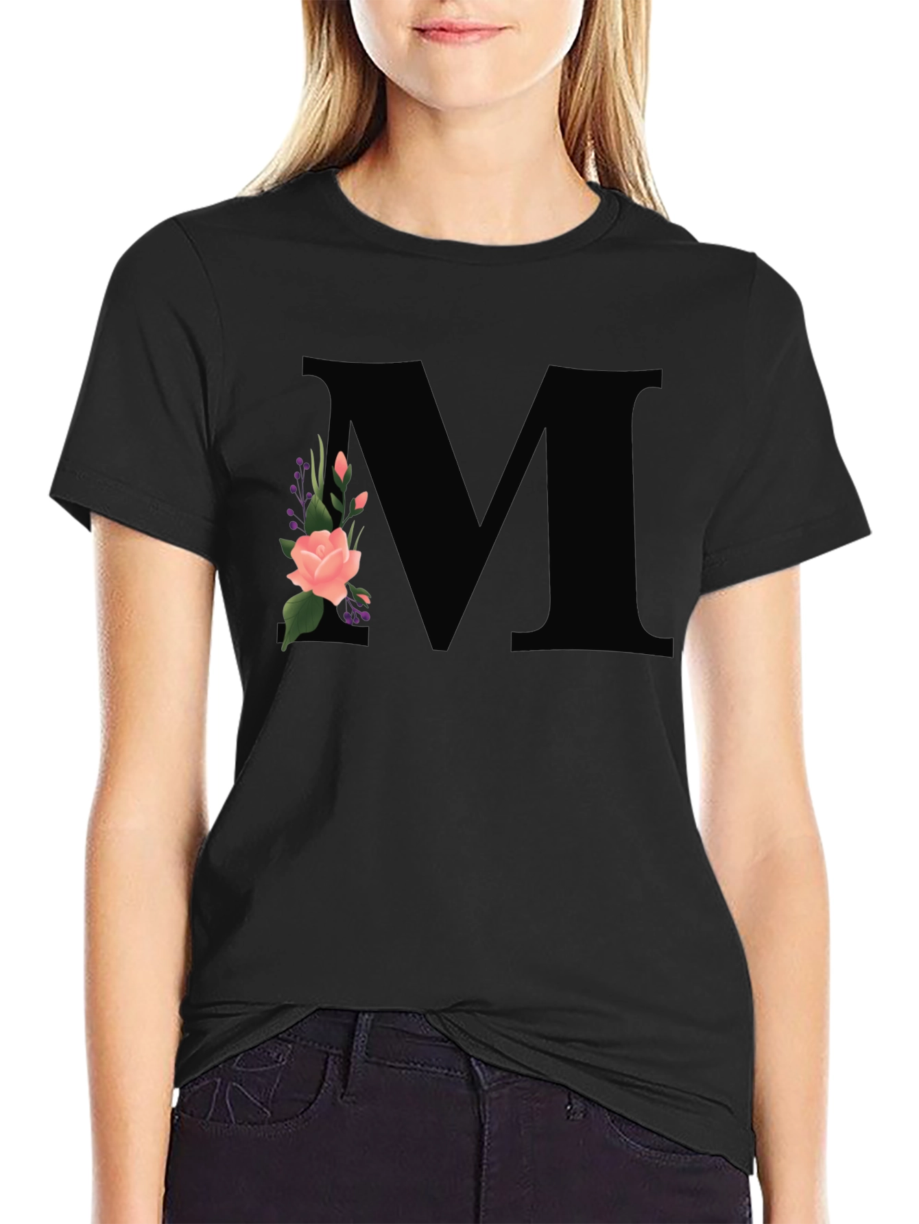 Floral Initial M Black T-Shirt