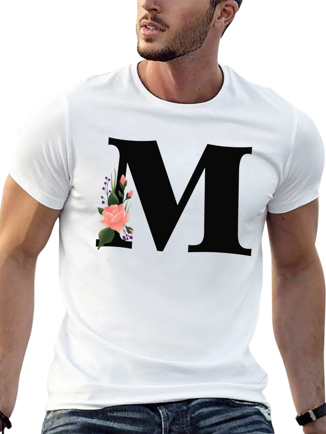 Floral Initial M Black T-Shirt