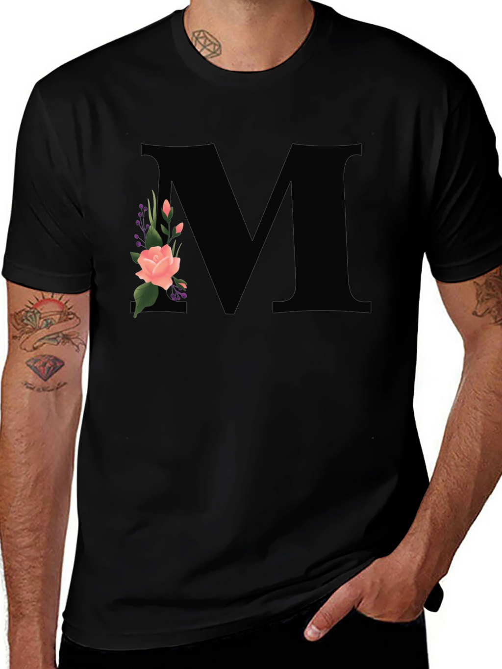Floral Initial M Black T-Shirt