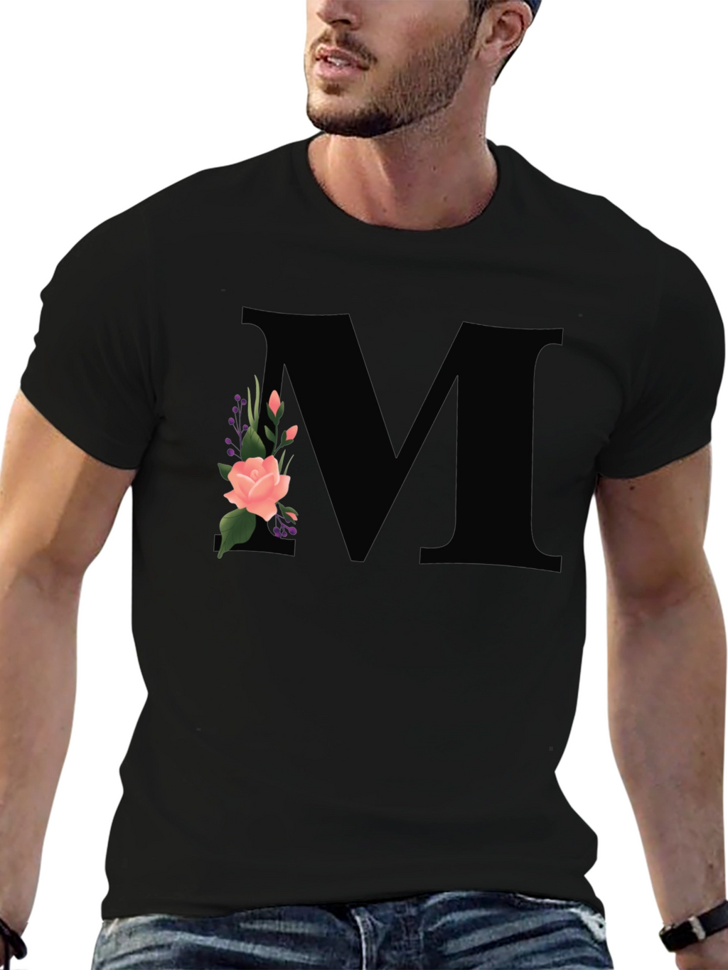 Floral Initial M Black T-Shirt